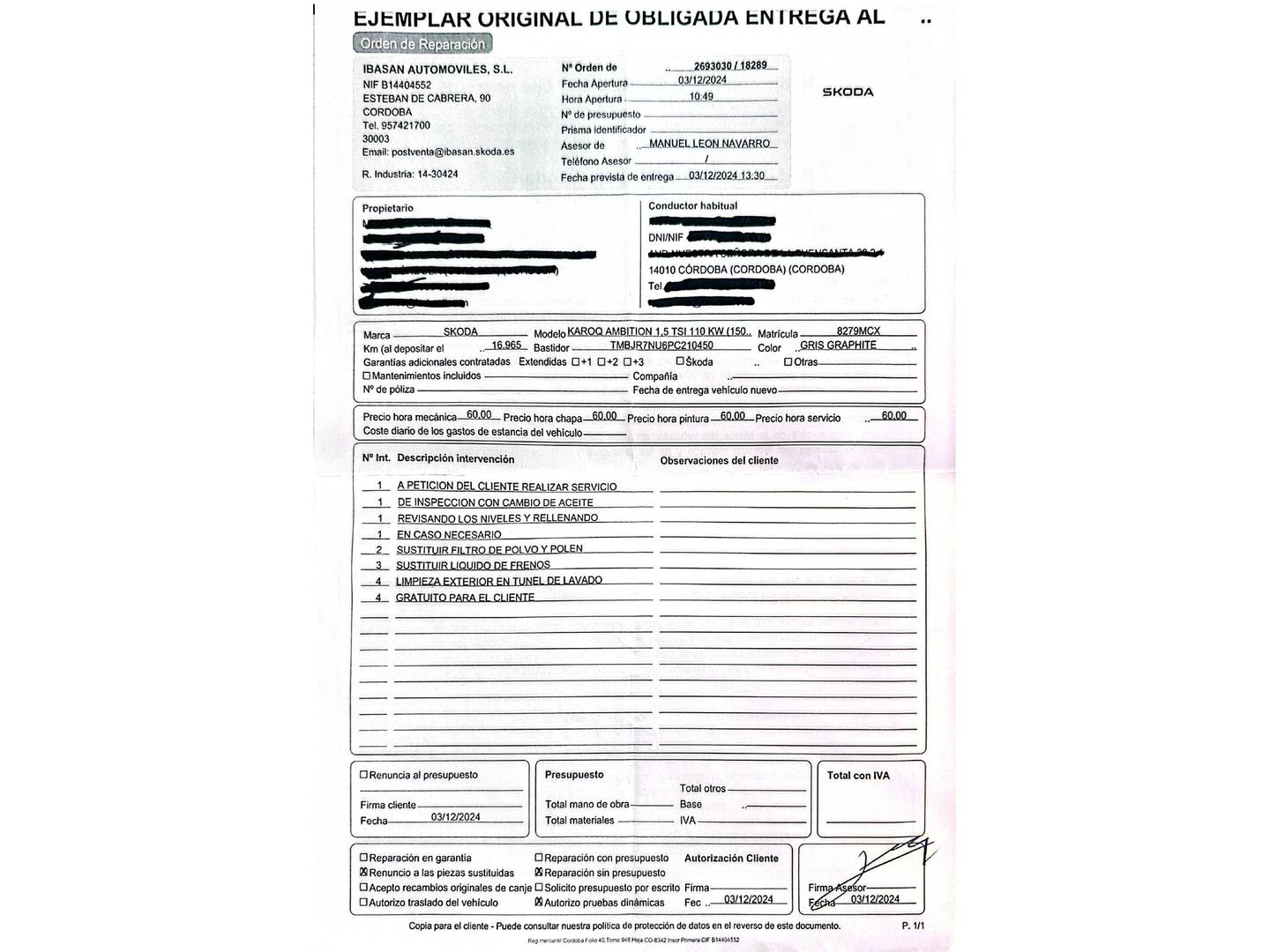 Foto del mantenimiento del Skoda Karoq Skoda Karoq 1.5 TSI ACT Ambition DSG (150 CV)