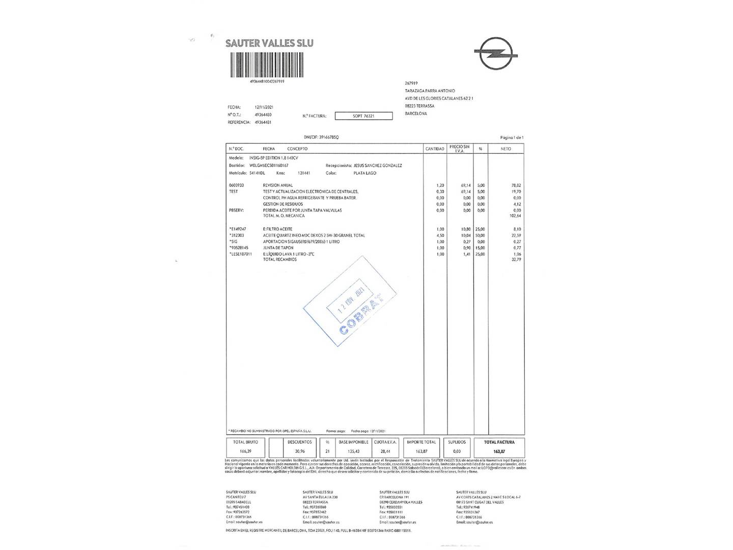 Foto del mantenimiento del Opel Insignia Opel Insignia 1.8 16v Edition (140 CV)