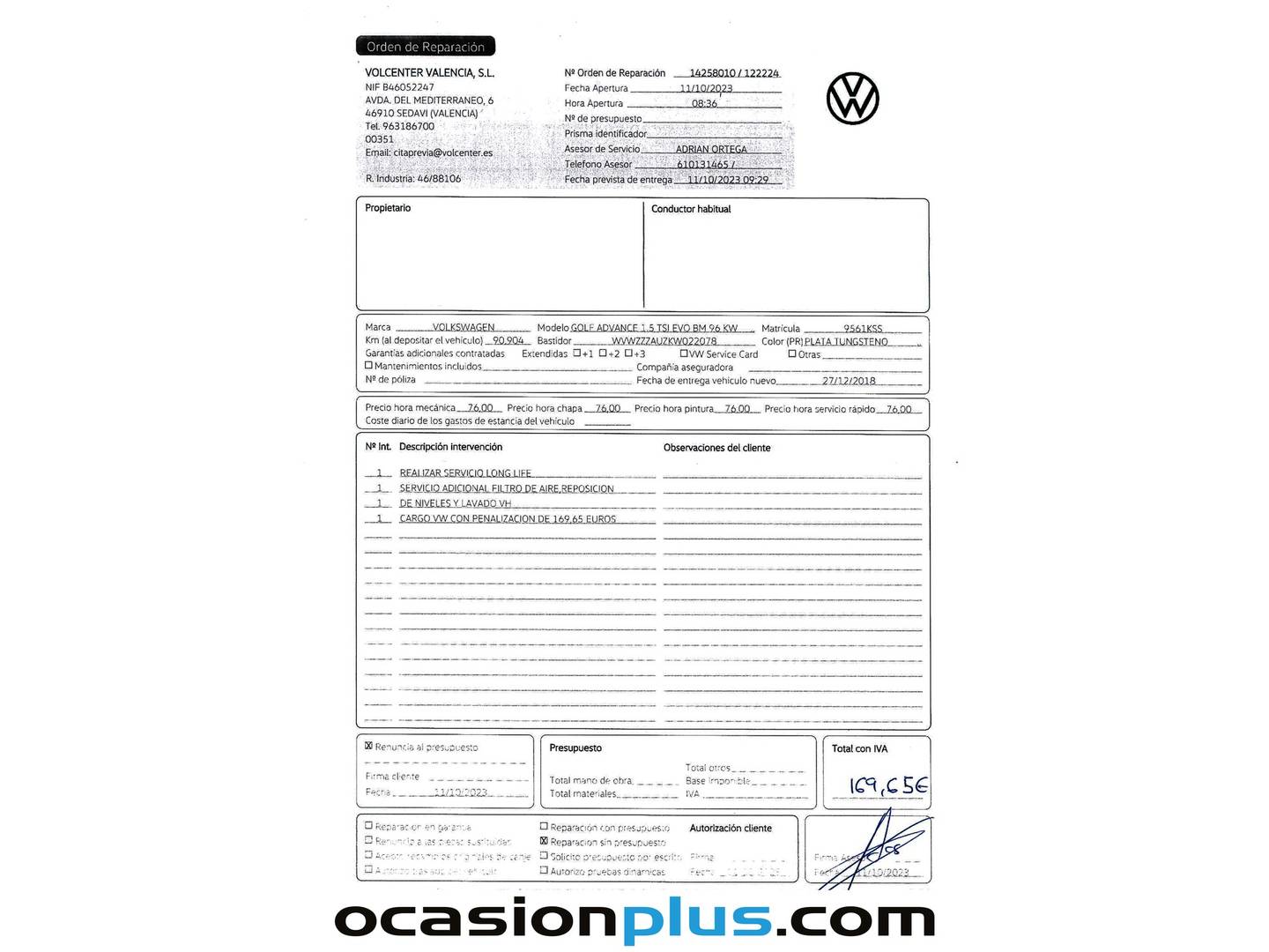 Foto del mantenimiento del Volkswagen Golf Volkswagen Golf Advance 1.5 TSI Evo BM (130 CV)