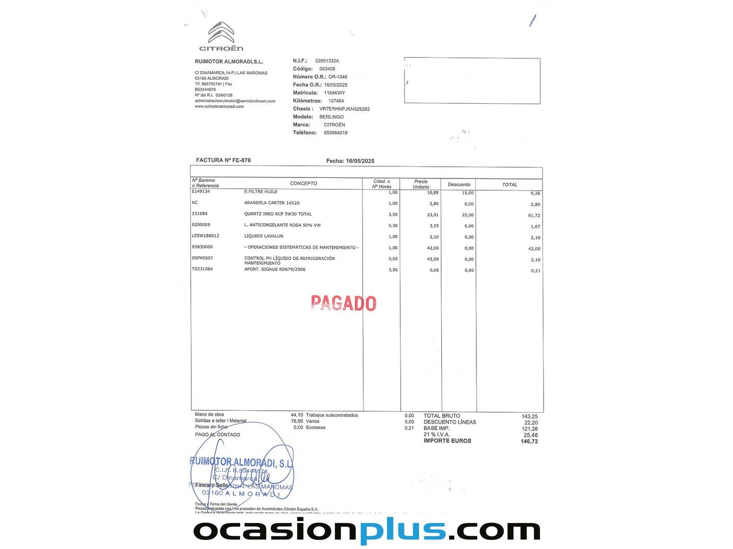 Foto del mantenimiento del Citroën Berlingo Citroën Berlingo Combi PureTech 110 S&S Talla M Feel (110 CV)