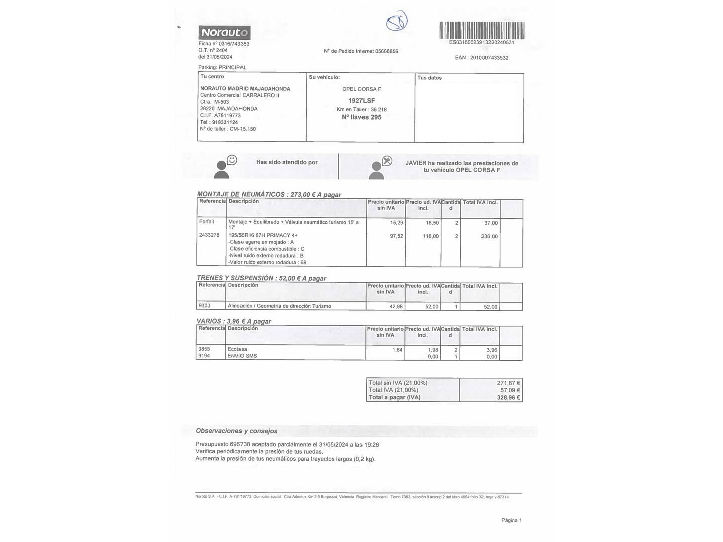 Foto del mantenimiento del Opel Corsa-e Opel Corsa-e 50kWh Elegance-e (136 CV)