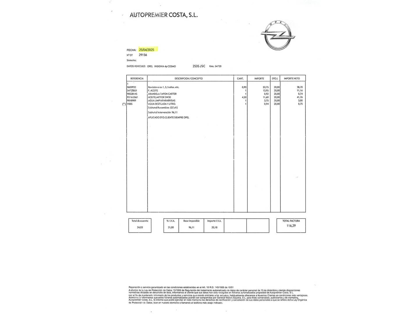 Foto del mantenimiento del Opel Insignia Opel Insignia 2.0 CDTI Excellence Auto (170 CV)