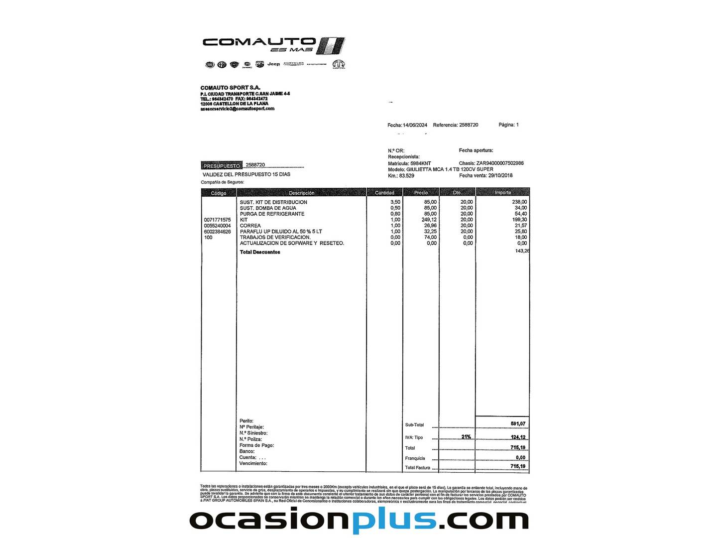 Foto del mantenimiento del Alfa Romeo Giulietta Alfa Romeo Giulietta 1.4 TB Super (120 CV)