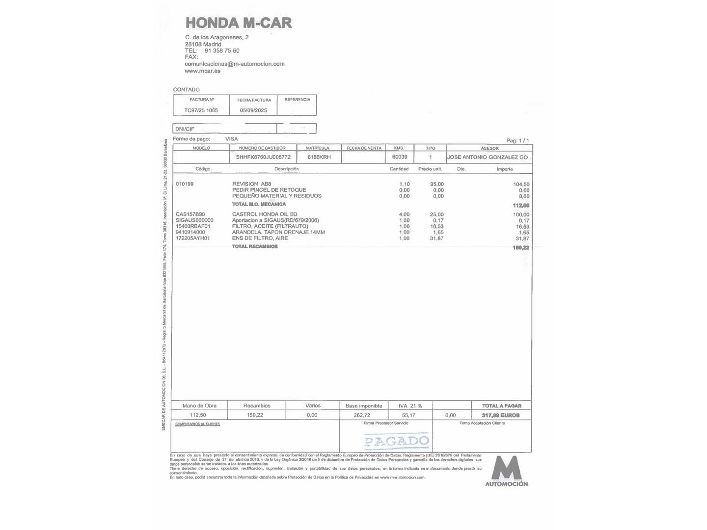 Foto del mantenimiento del Honda Civic Honda Civic 1.0 I-VTEC TURBO Elegance Navi (129 CV)