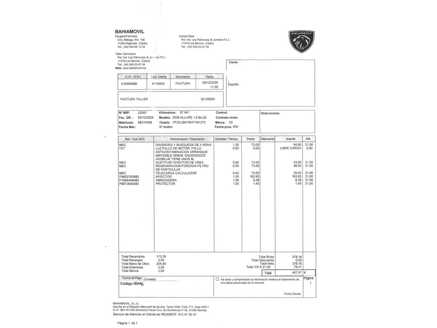 Foto del mantenimiento del Peugeot 2008 Peugeot 2008 BlueHDi 100 Allure (100 CV)