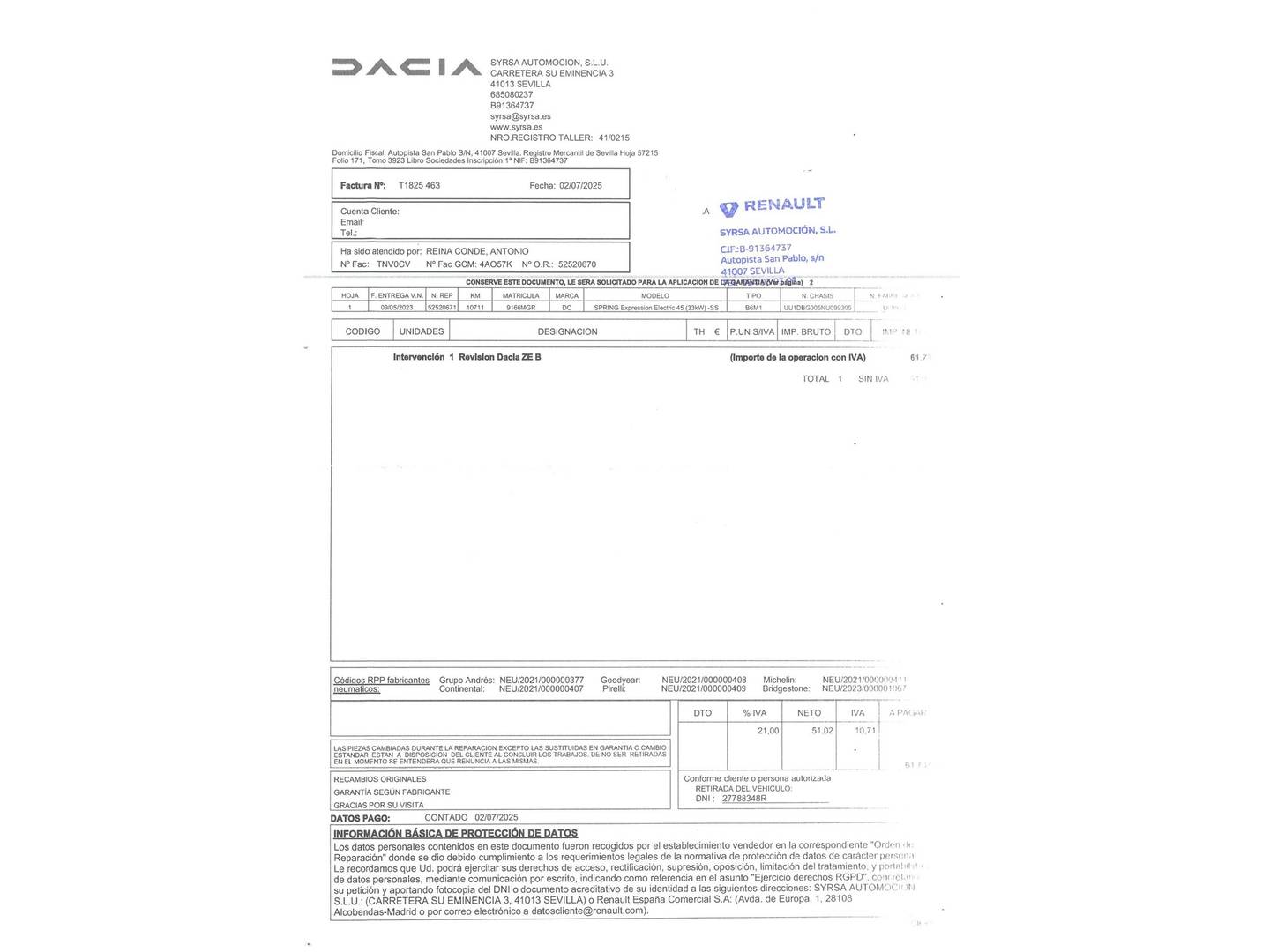 Foto del mantenimiento del Dacia Spring Dacia Spring Expression Electric (45 CV)