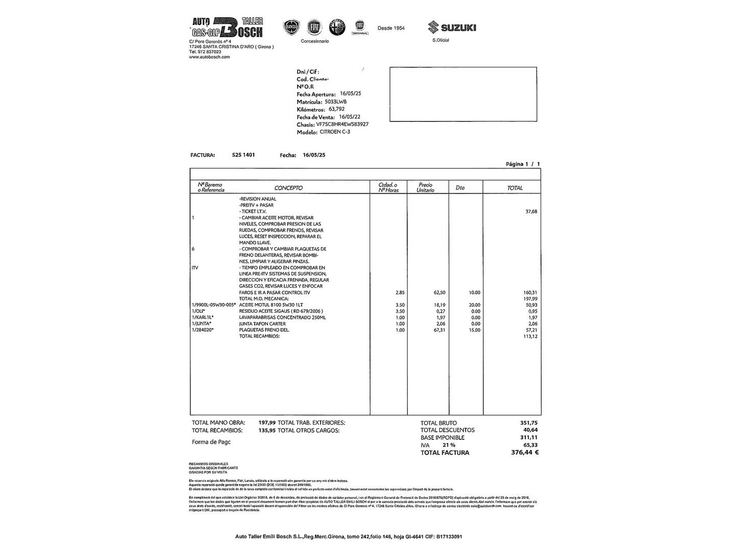 Foto del mantenimiento del Citroën C3 Citroën C3 HDi 70 Attraction (68 CV)
