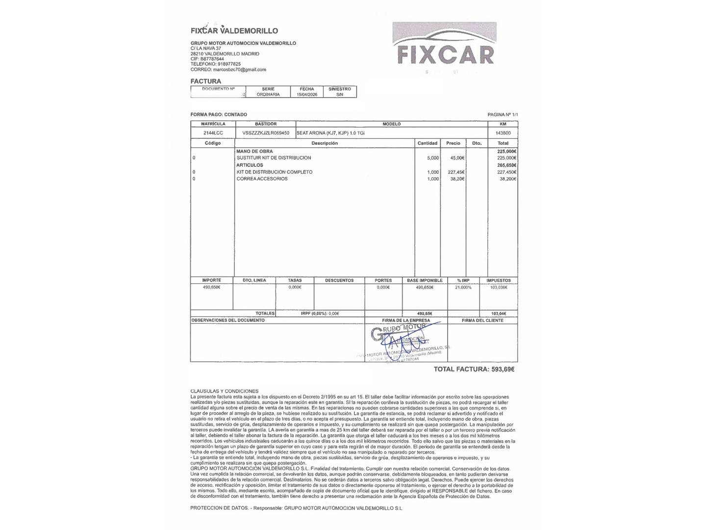 Foto del mantenimiento del Seat Arona Seat Arona 1.0 TGI GNC FR (90 CV)