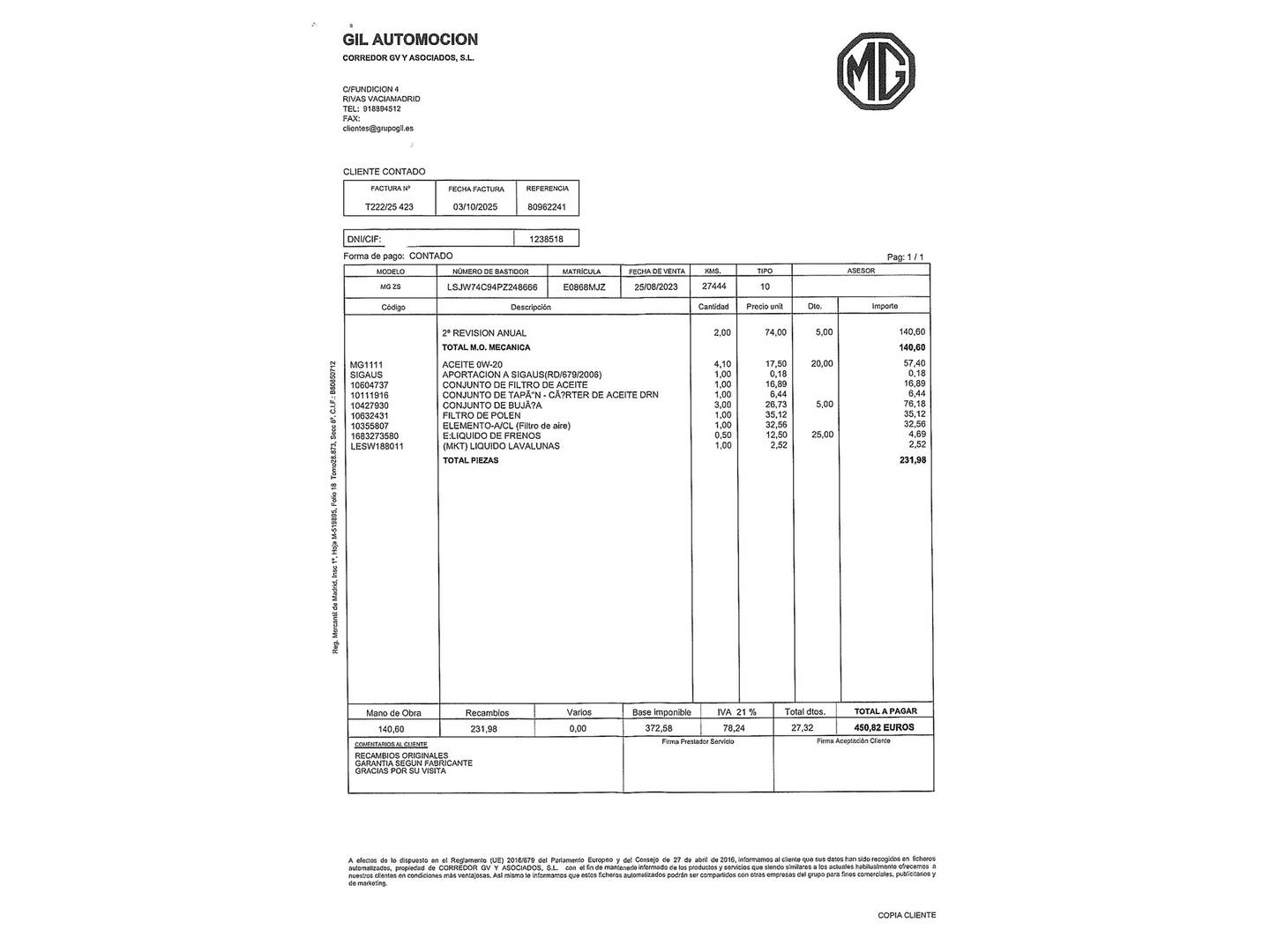 Foto del mantenimiento del MG ZS MG ZS 1.0T Luxury (111 CV)