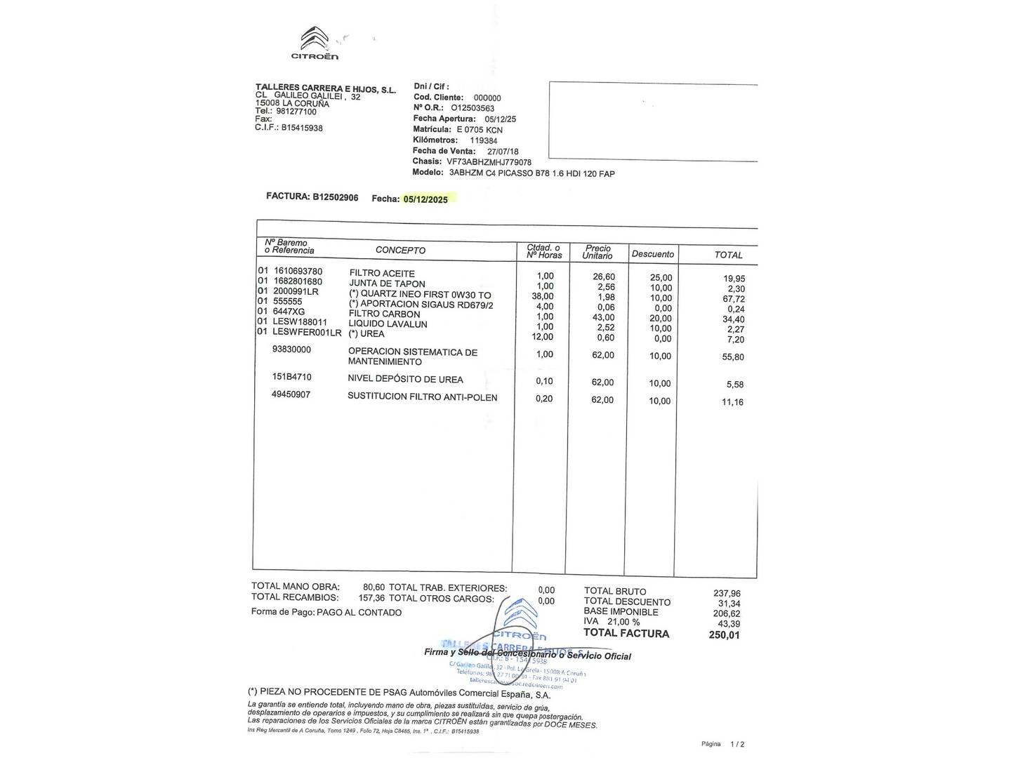 Foto del mantenimiento del Citroën Grand C4 Picasso Citroën Grand C4 Picasso 1.6 BlueHDI Feel S&S (120 CV) 7 Plazas