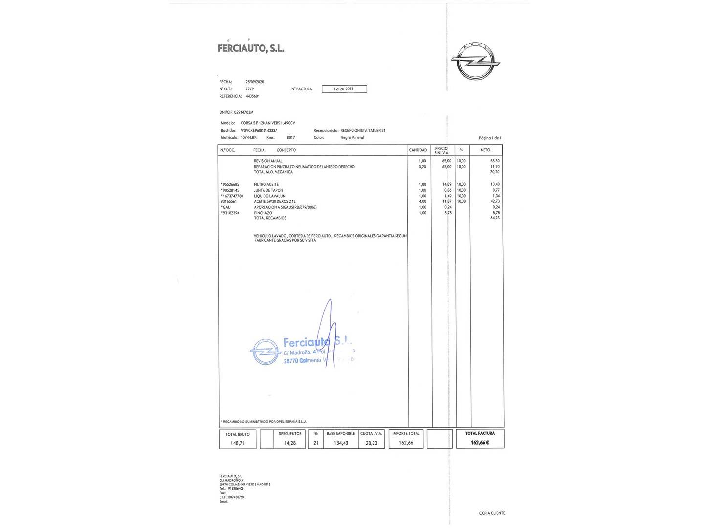 Foto del mantenimiento del Opel Corsa Opel Corsa 1.4 120 Aniversario (90 CV)