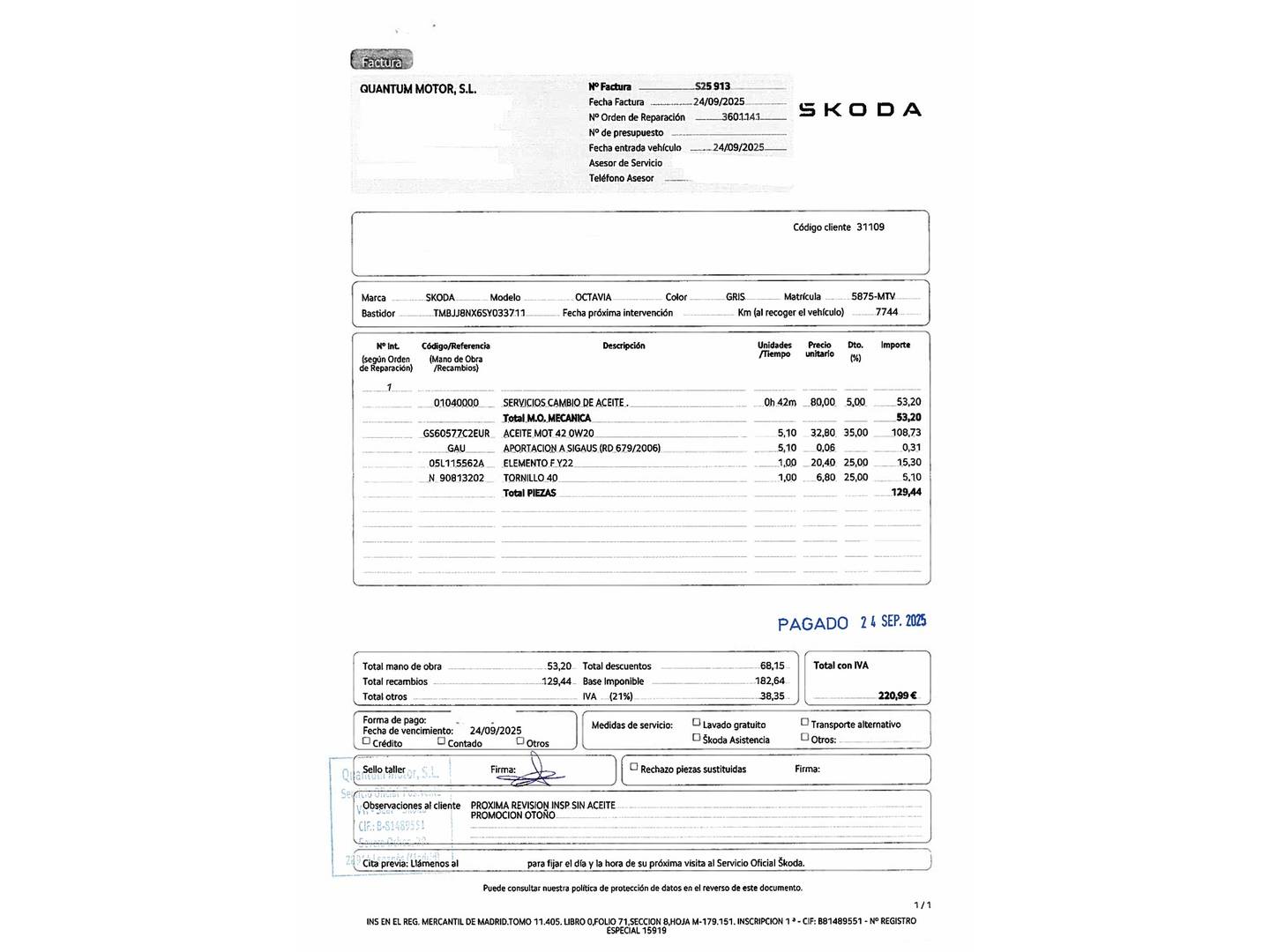 Foto del mantenimiento del Skoda Octavia Skoda Octavia Combi 2.0 TDI Design DSG (150 CV)