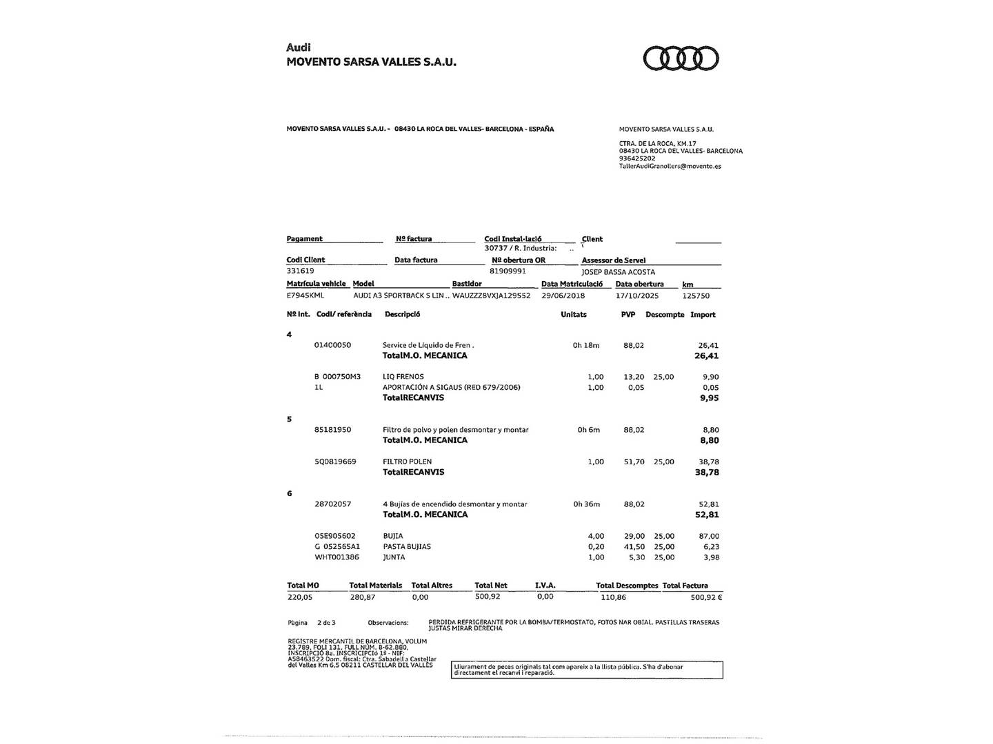 Foto del mantenimiento del Audi A3 Audi A3 Sportback S line edition 1.5 TFSI CoD EVO (150 CV) S tronic