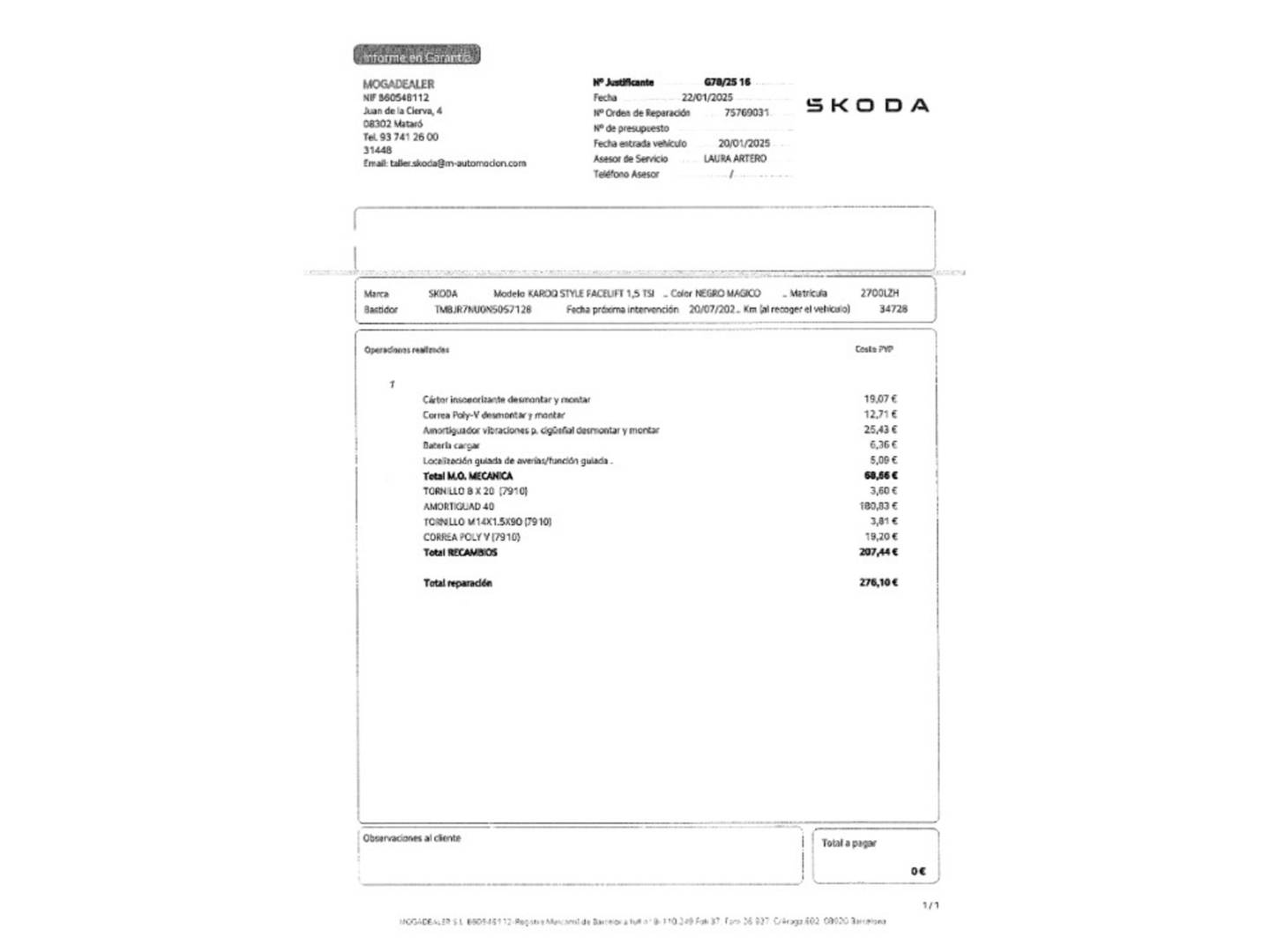 Foto del mantenimiento del Skoda Karoq Skoda Karoq 1.5 TSI ACT Style (150 CV)