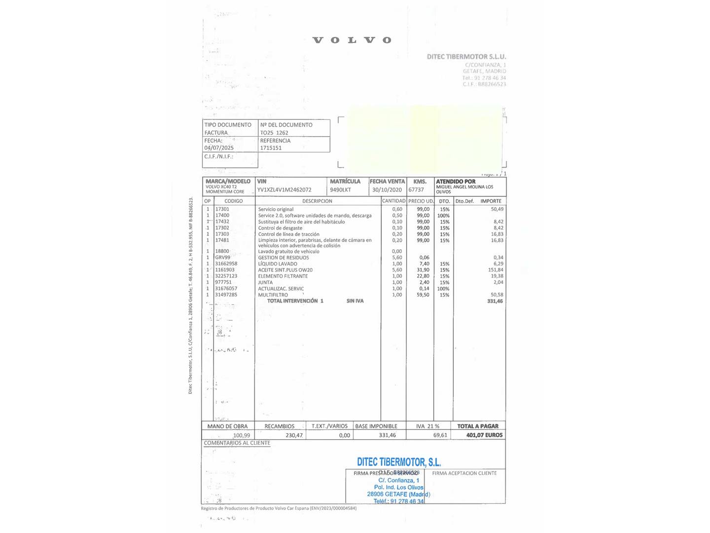 Foto del mantenimiento del Volvo XC40 Volvo XC40 T2 Momentum Core (129 CV)