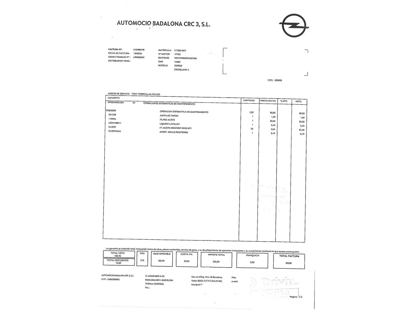 Foto del mantenimiento del Opel Crossland Opel Crossland 1.2 GS (110 CV)