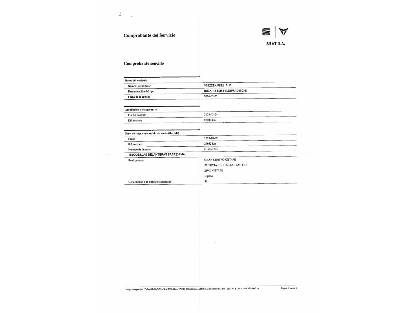 Foto del mantenimiento del Seat Ibiza SEAT Ibiza 1.0 TSI Style XL (115 CV)