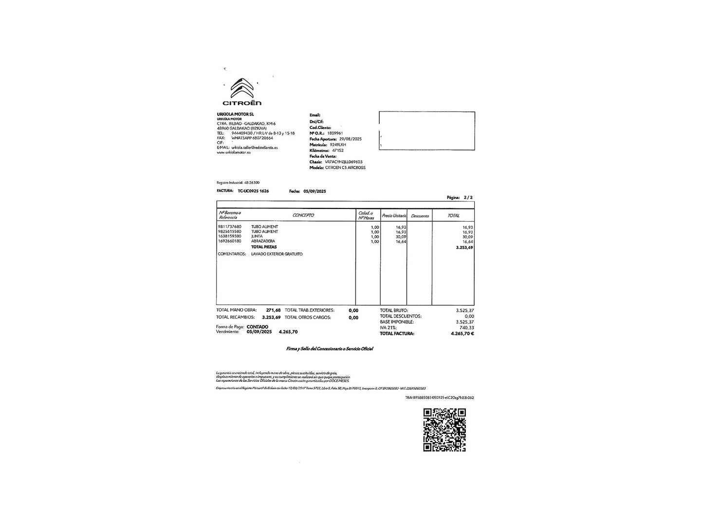 Foto del mantenimiento del Citroën C5 Aircross Citroen C5 Aircross BlueHdi 130 S&S Shine (131 CV)