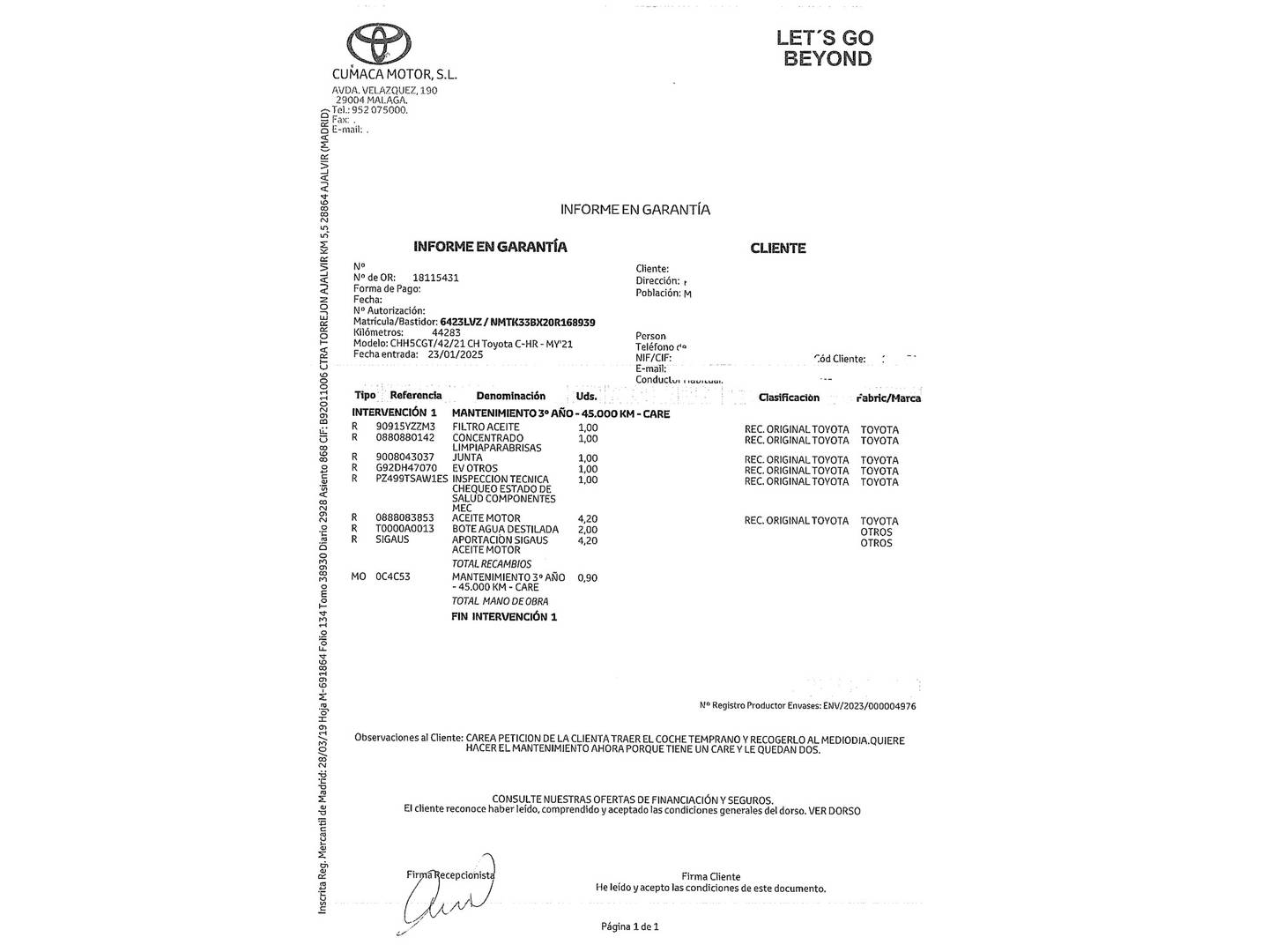 Foto del mantenimiento del Toyota C-HR Toyota C-HR 1.8 125H Advance (122 CV)