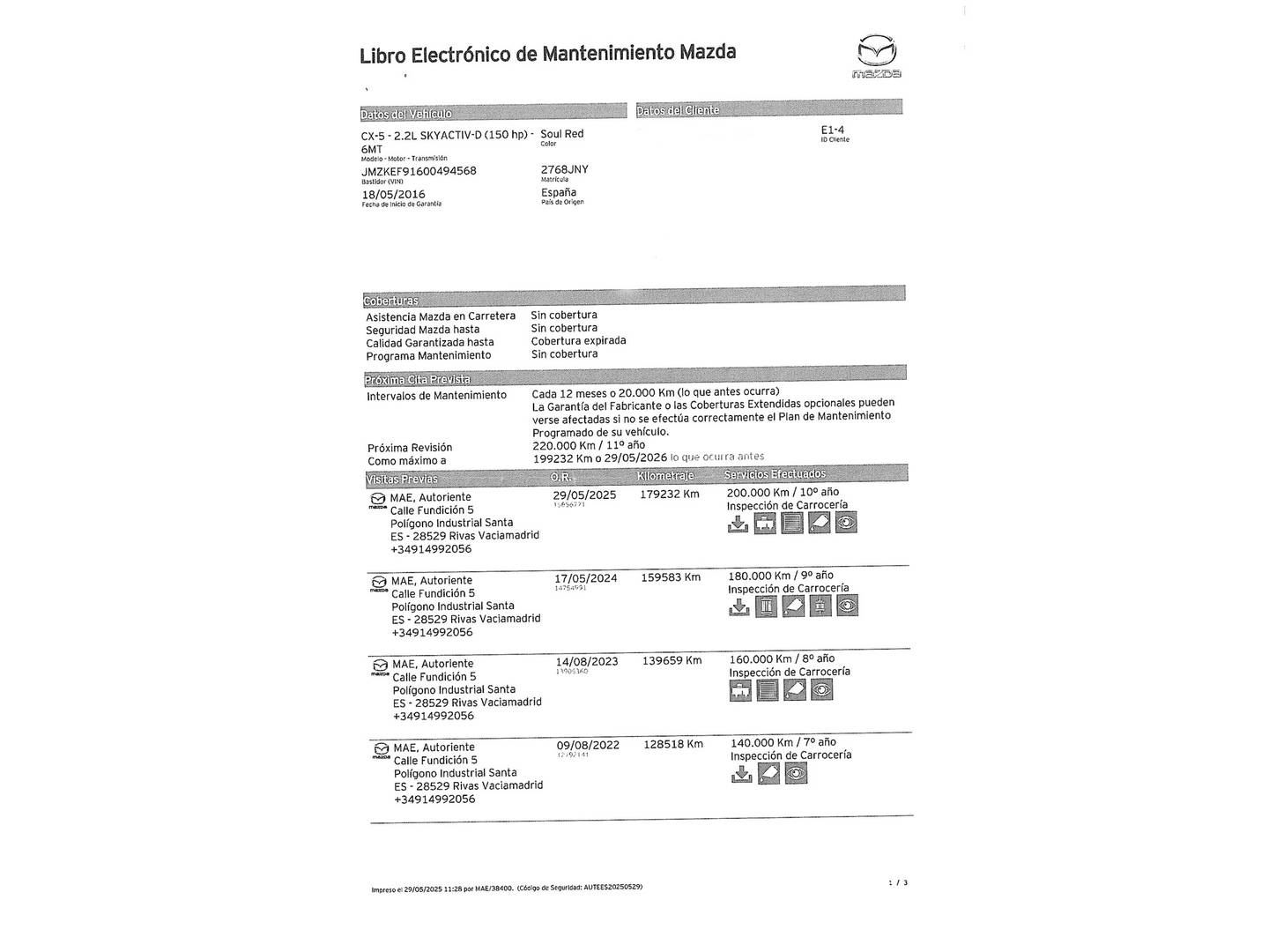 Foto del mantenimiento del Mazda CX-5 Mazda CX-5 2.2 DE Luxury 2WD (150 CV)