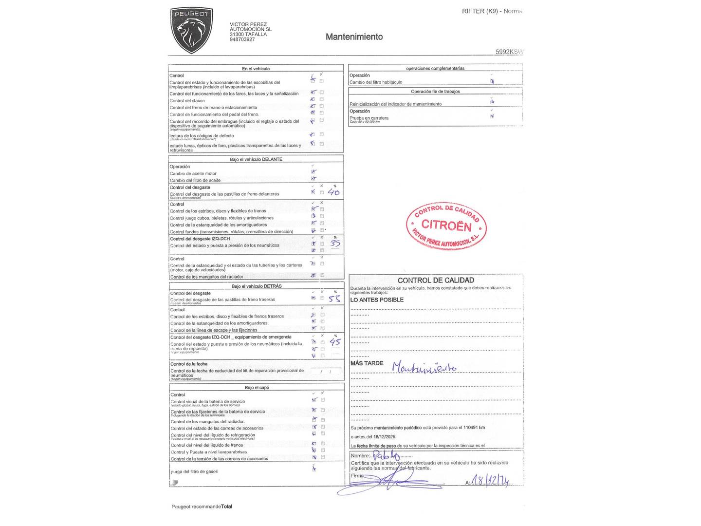 Foto del mantenimiento del Peugeot Rifter Peugeot Rifter BlueHDi 100 GT Line Standard (100 CV)
