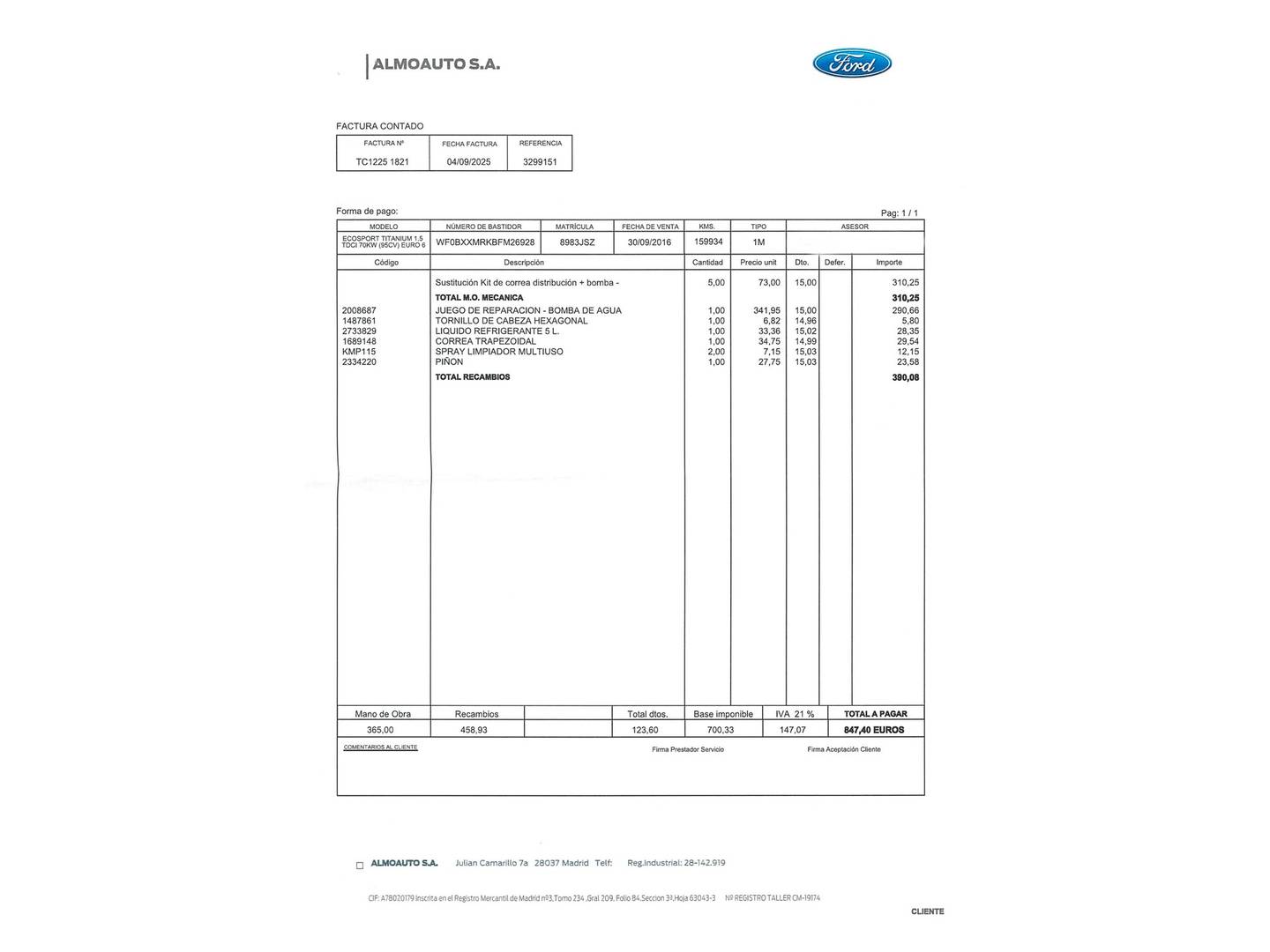 Foto del mantenimiento del Ford EcoSport Ford EcoSport 1.5 TDCi Titanium (95 CV)