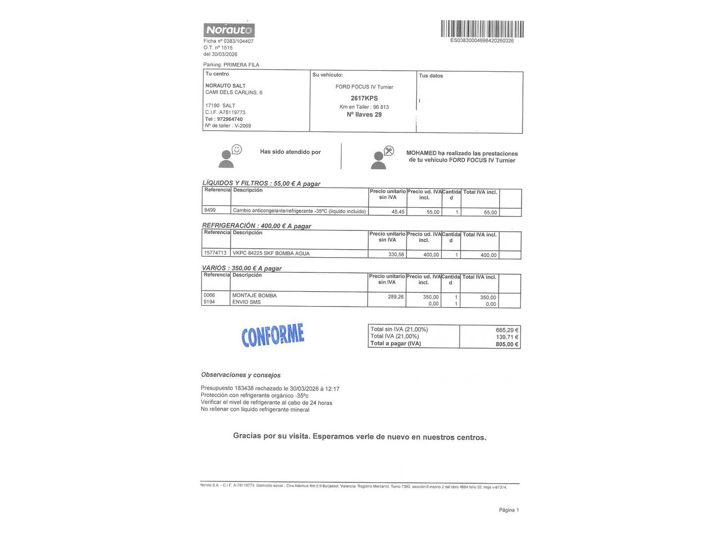 Foto del mantenimiento del Ford Focus Ford Focus 1.0 Ecoboost ST-Line (125 CV)