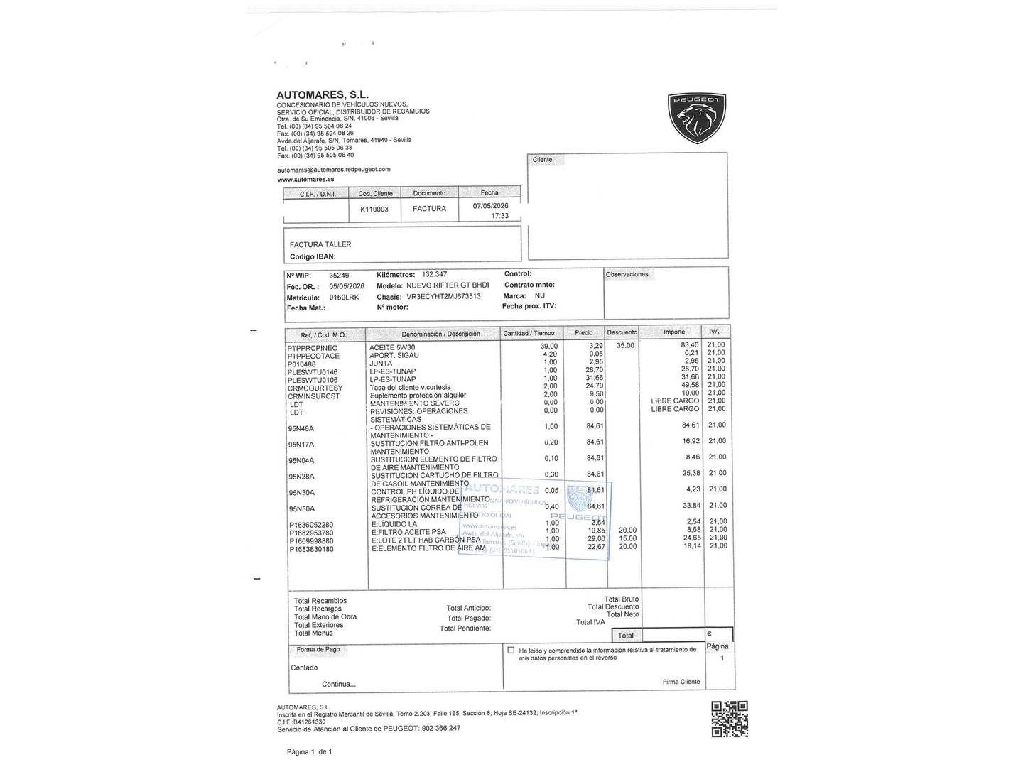 Foto del mantenimiento del Peugeot Rifter Peugeot Rifter GT Long BlueHDi (100 CV)
