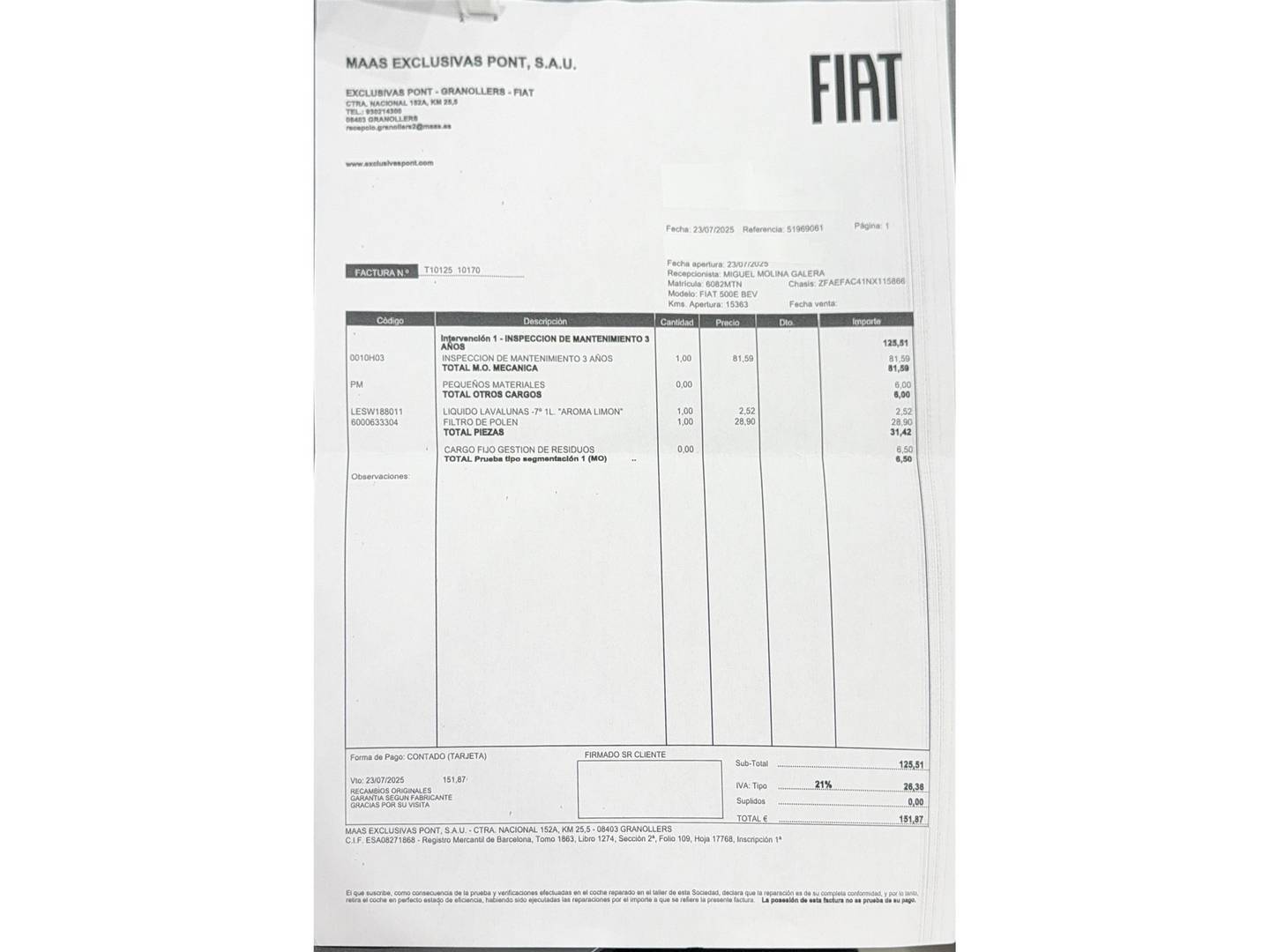 Foto del mantenimiento del Fiat 500 Fiat 500 Electrico Icon Hb 320km (118 CV)
