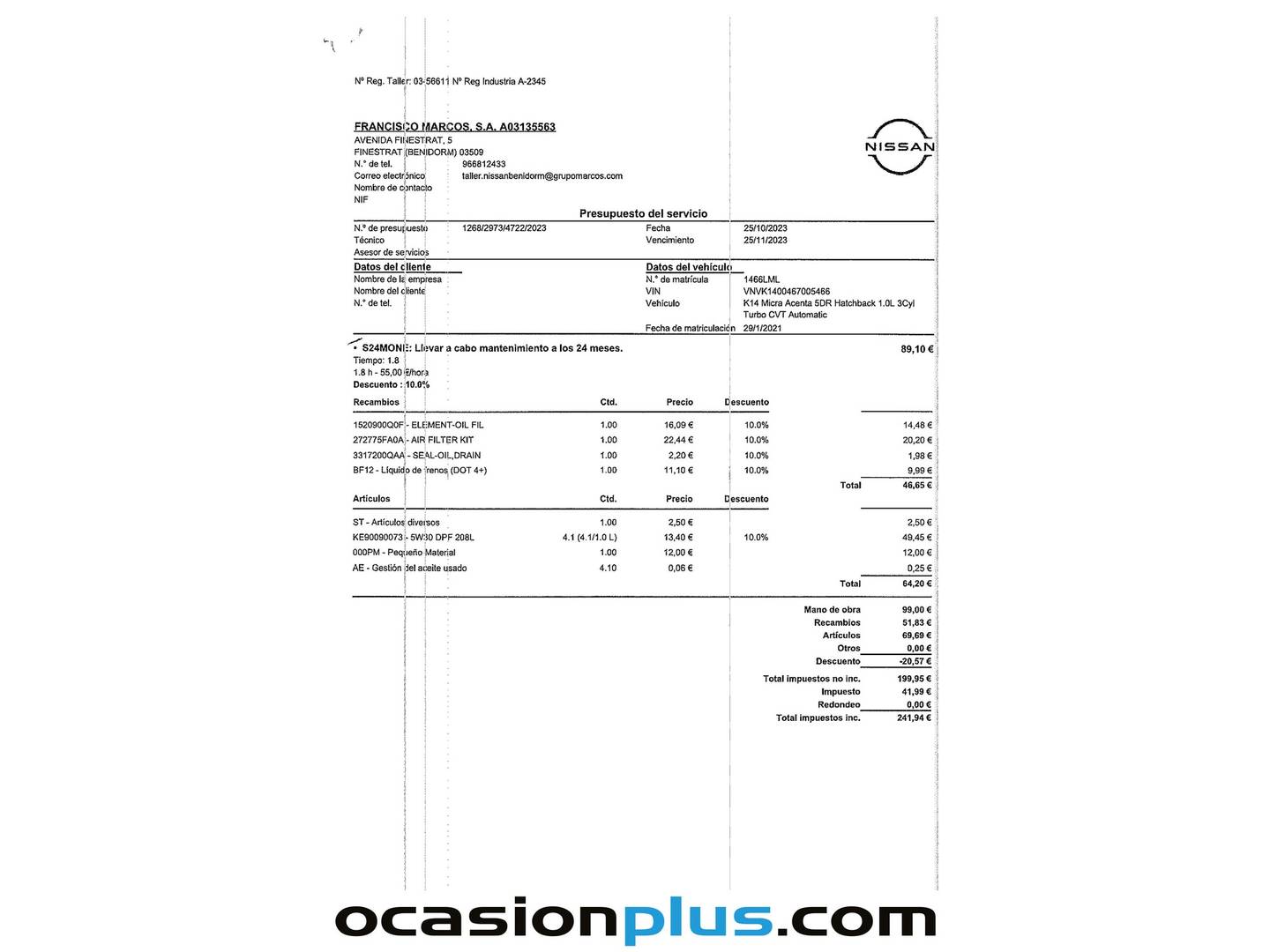 Foto del mantenimiento del Nissan Micra Nissan Micra IG-T 92 Acenta CVT (92 CV)