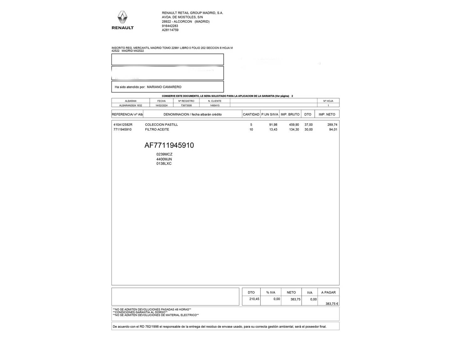Foto del mantenimiento del Renault Master Renault Master Furgon L3H2 3500 Energy RG dCi (145 CV)