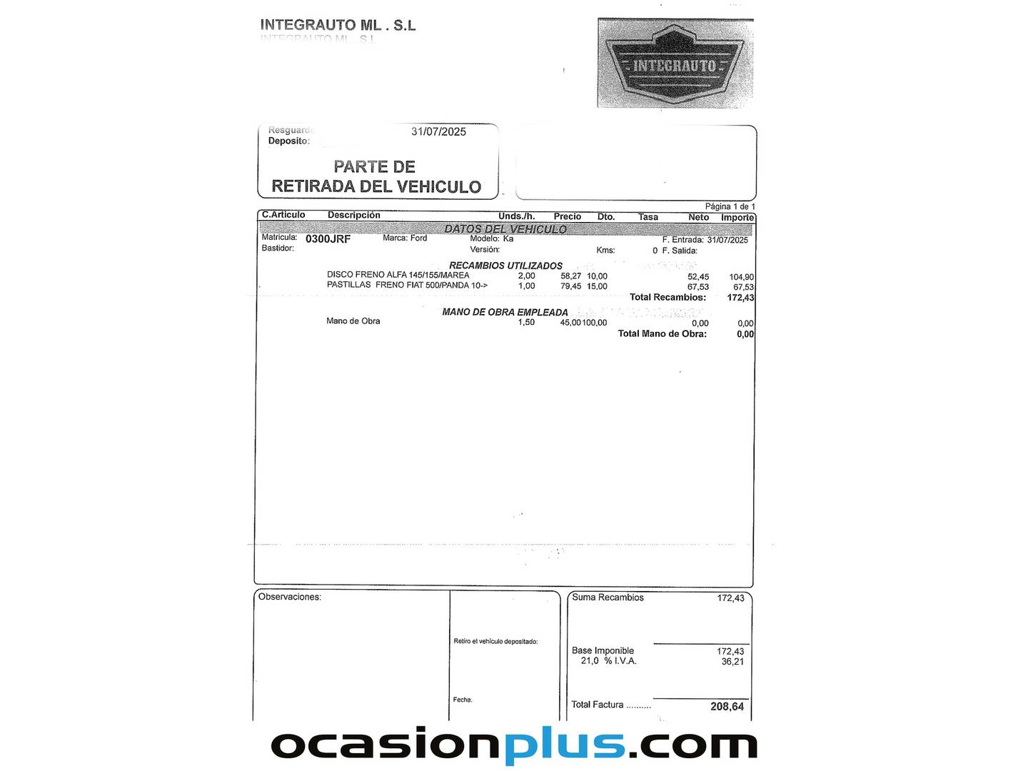 Foto del mantenimiento del Ford Ka Ford Ka 1.2 Duratec S&S Trend+ (69 CV)