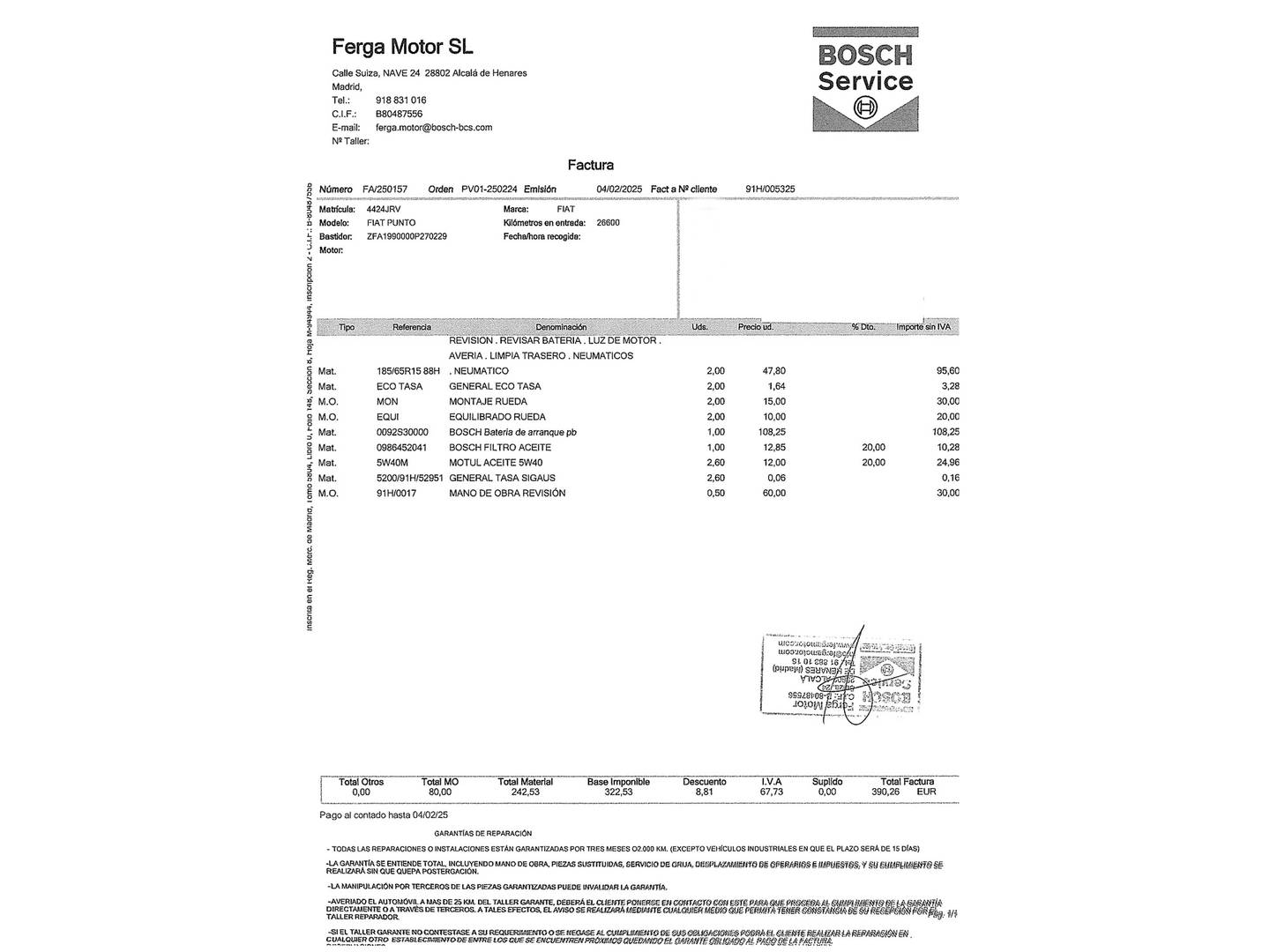 Foto del mantenimiento del Fiat Punto Fiat Punto 1.2 S&S Easy (69 CV)