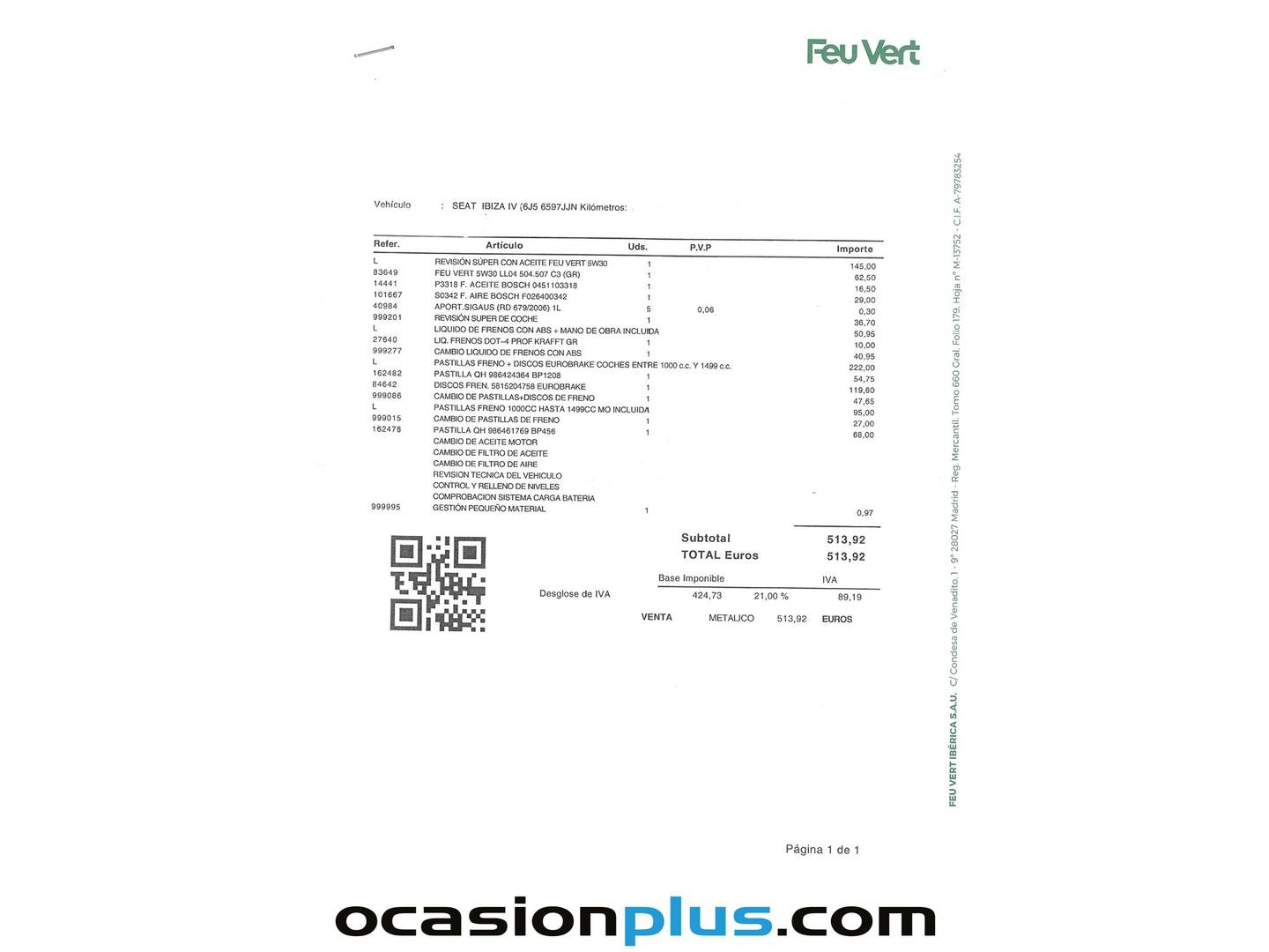 Foto del mantenimiento del Seat Ibiza Seat Ibiza 1.2 TSI Reference Plus (90 CV)