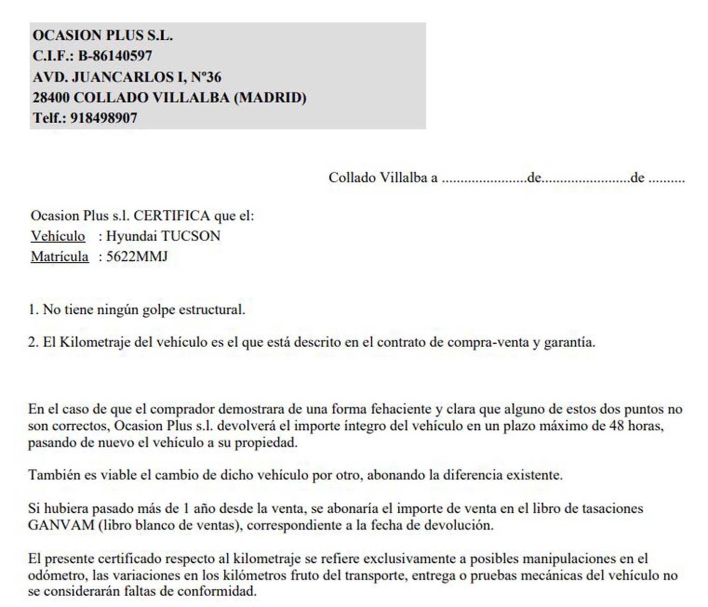 Foto del certificado del Hyundai Tucson Hyundai Tucson 1.6 TGDI Klass 4x2 (150 CV)