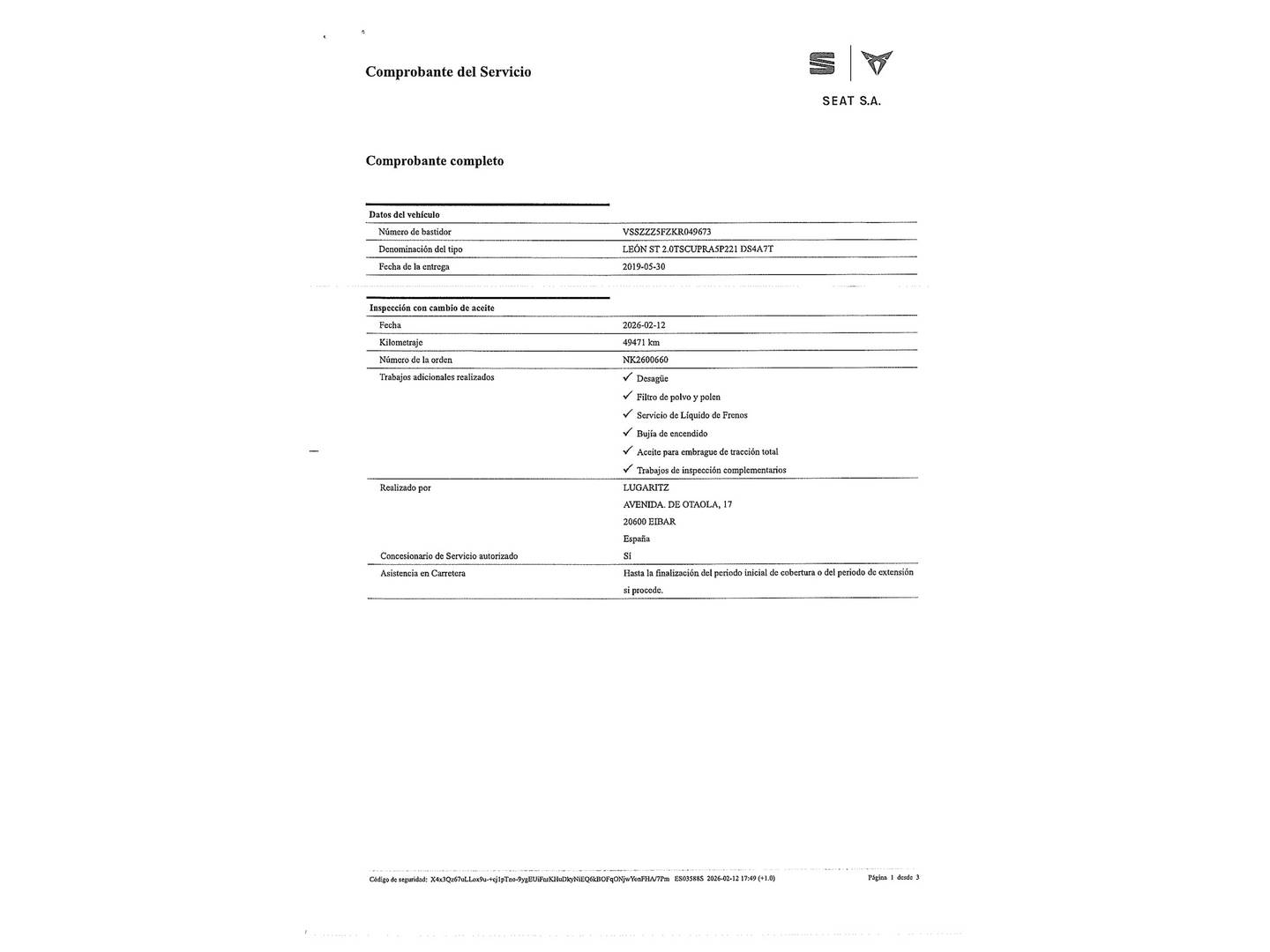 Foto del mantenimiento del Seat León SEAT León ST ST 2.0 TSI S&S Cupra 4Drive DSG (300 CV)