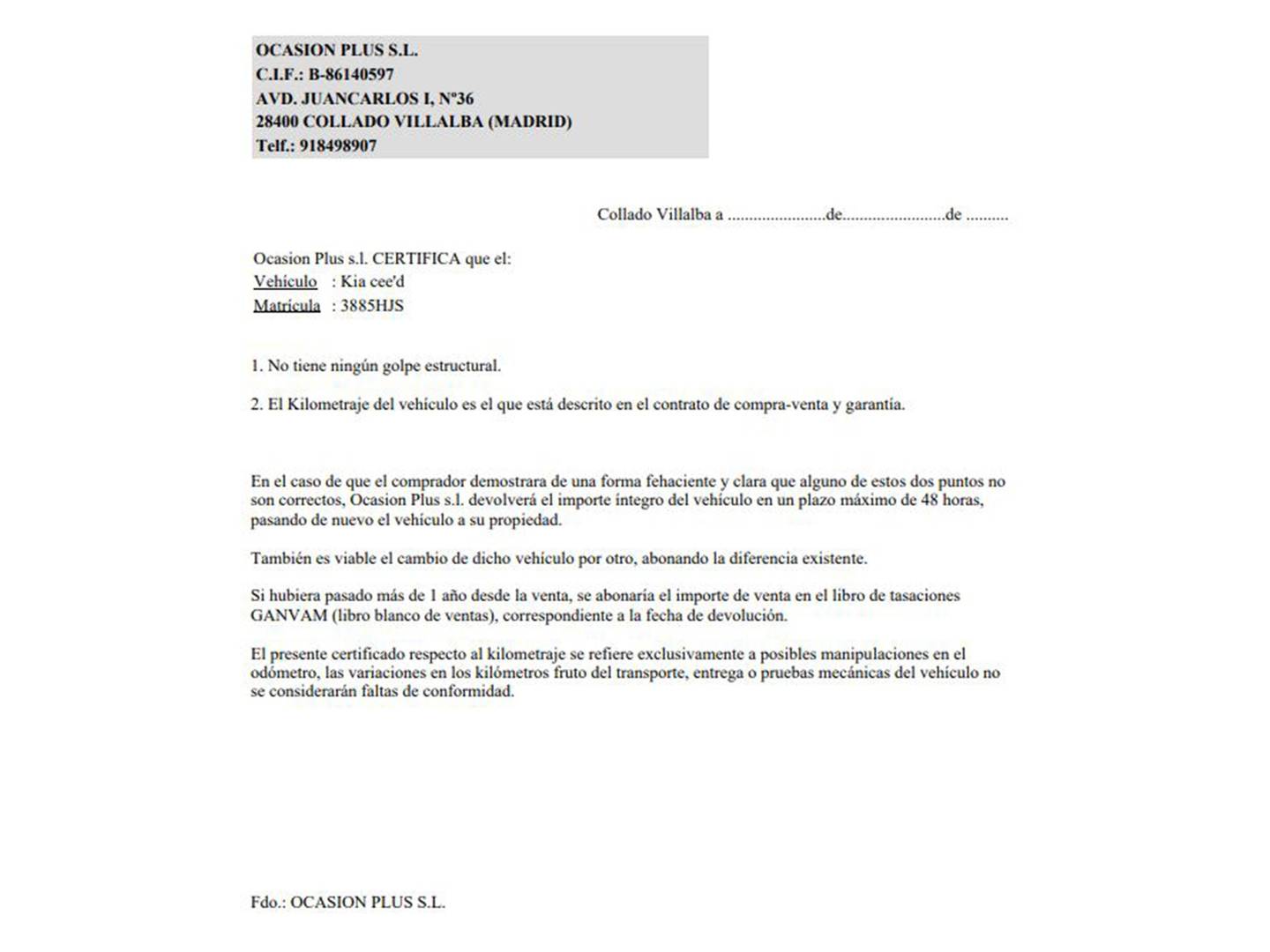 Foto del certificado del KIA Ceed KIA Ceed 1.4 CVVT Drive Plus (105 CV)