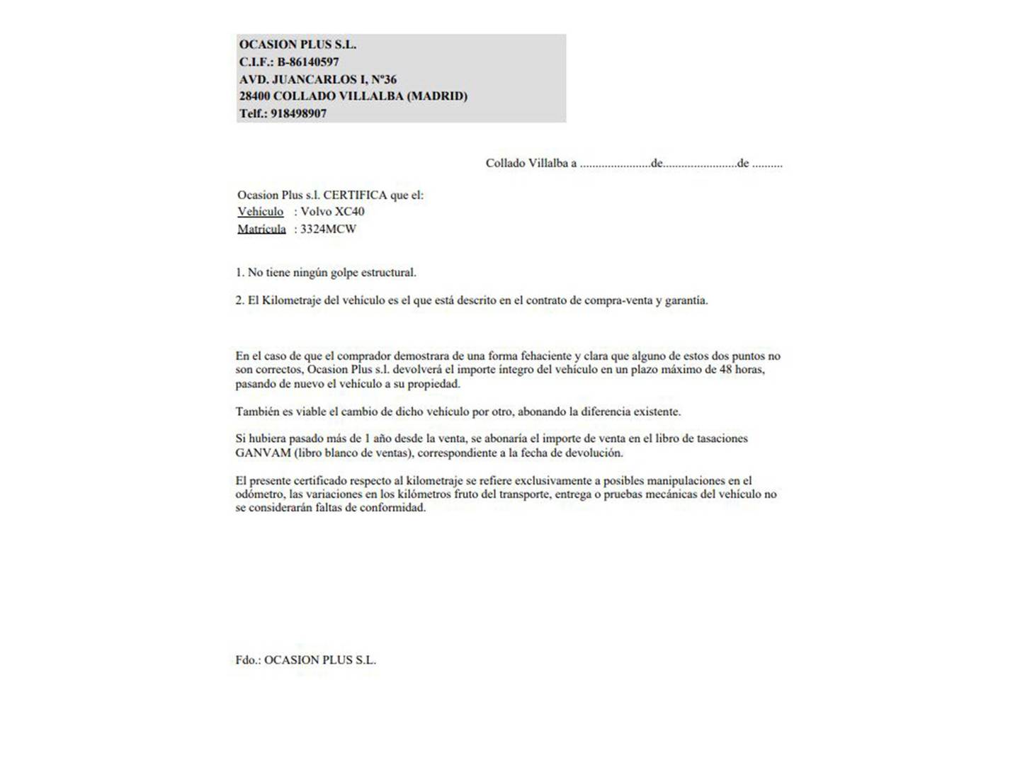 Foto del certificado del Volvo XC40 Volvo XC40 T2 Essential Dark Auto (129 CV)