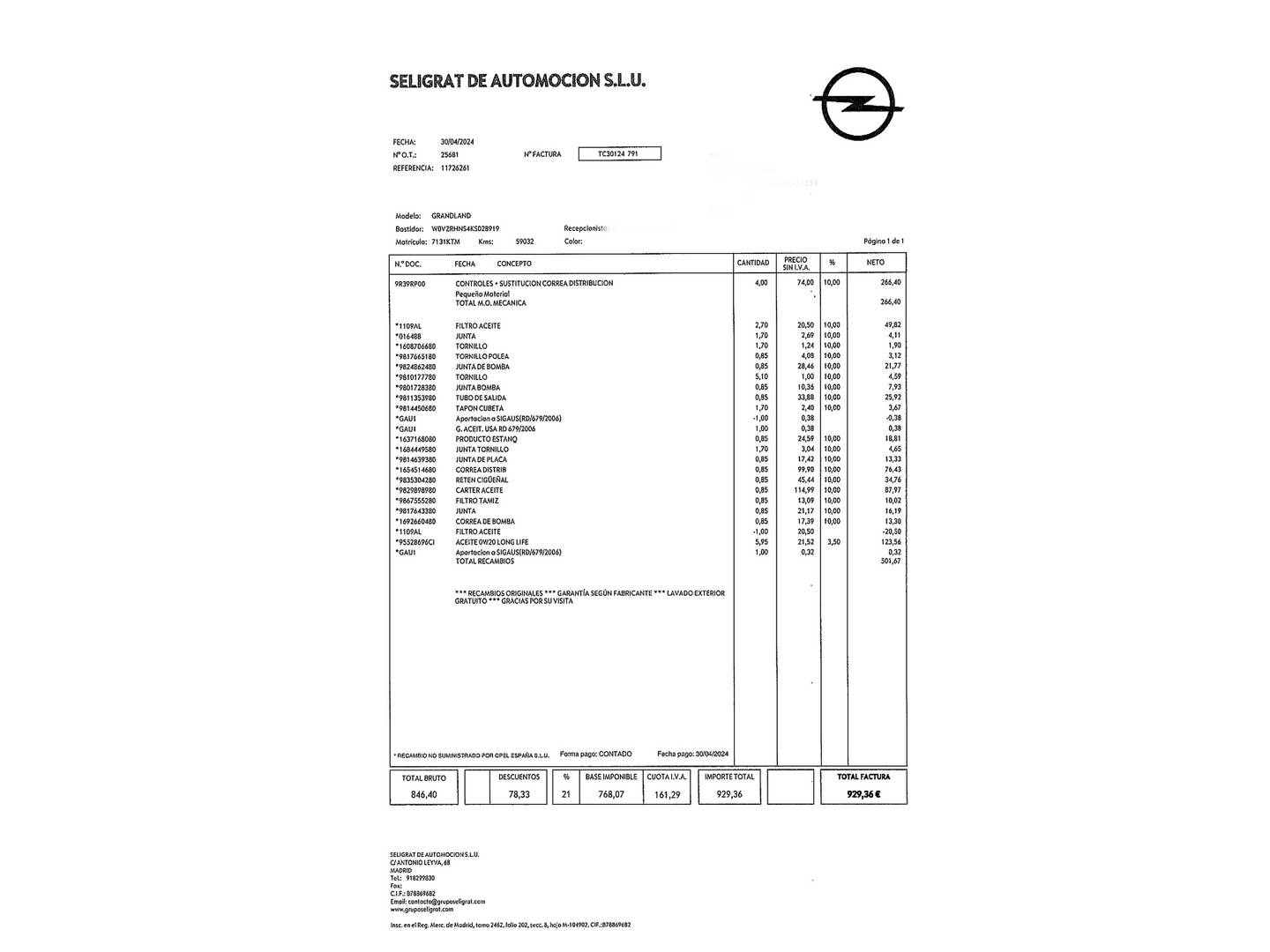 Foto del mantenimiento del Opel Grandland X Opel Grandland X 1.2 Turbo S&S Design Line Auto (130 CV)