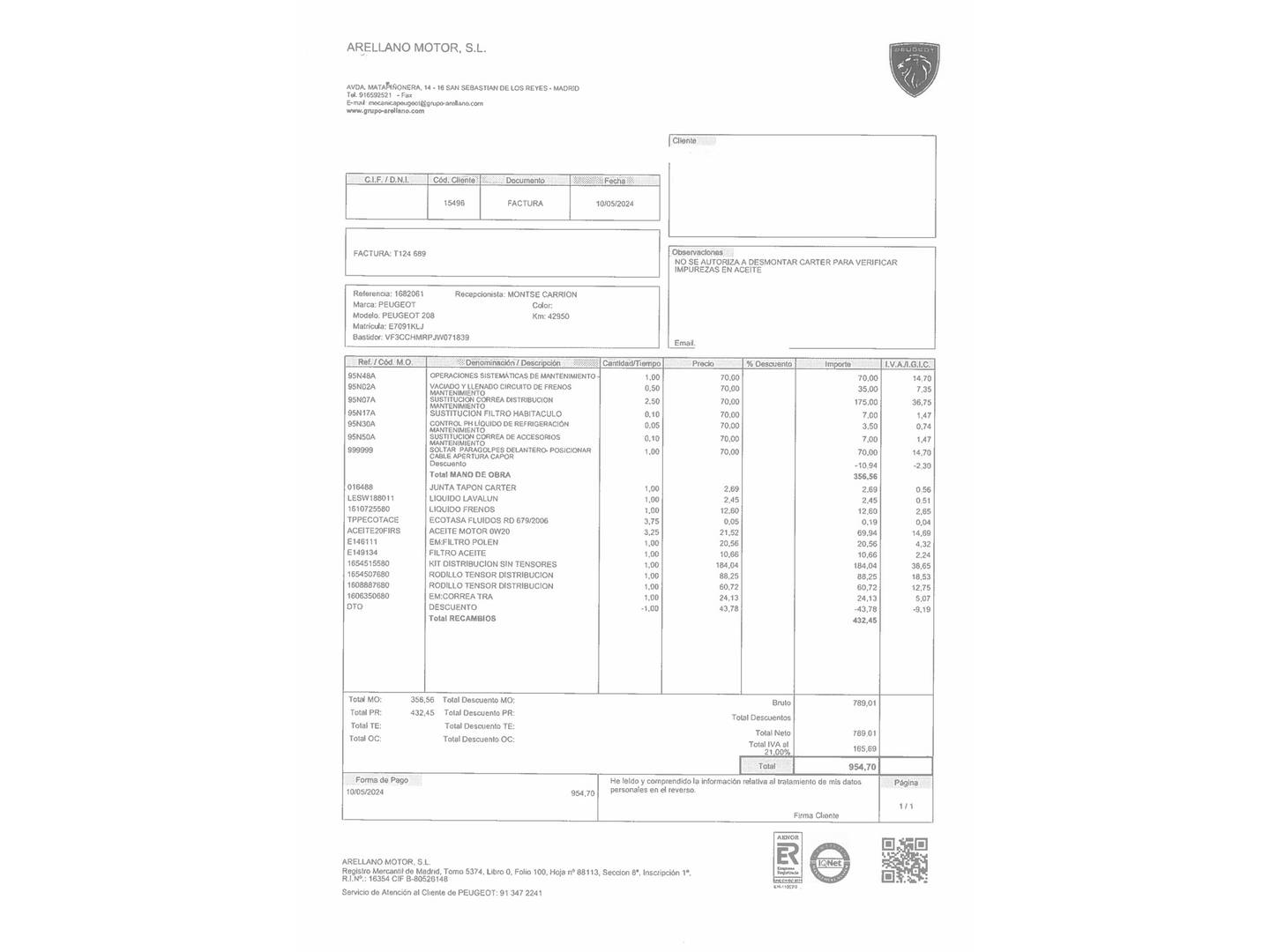 Foto del mantenimiento del Peugeot 208 Peugeot 208 PureTech 82 Style (82 CV)