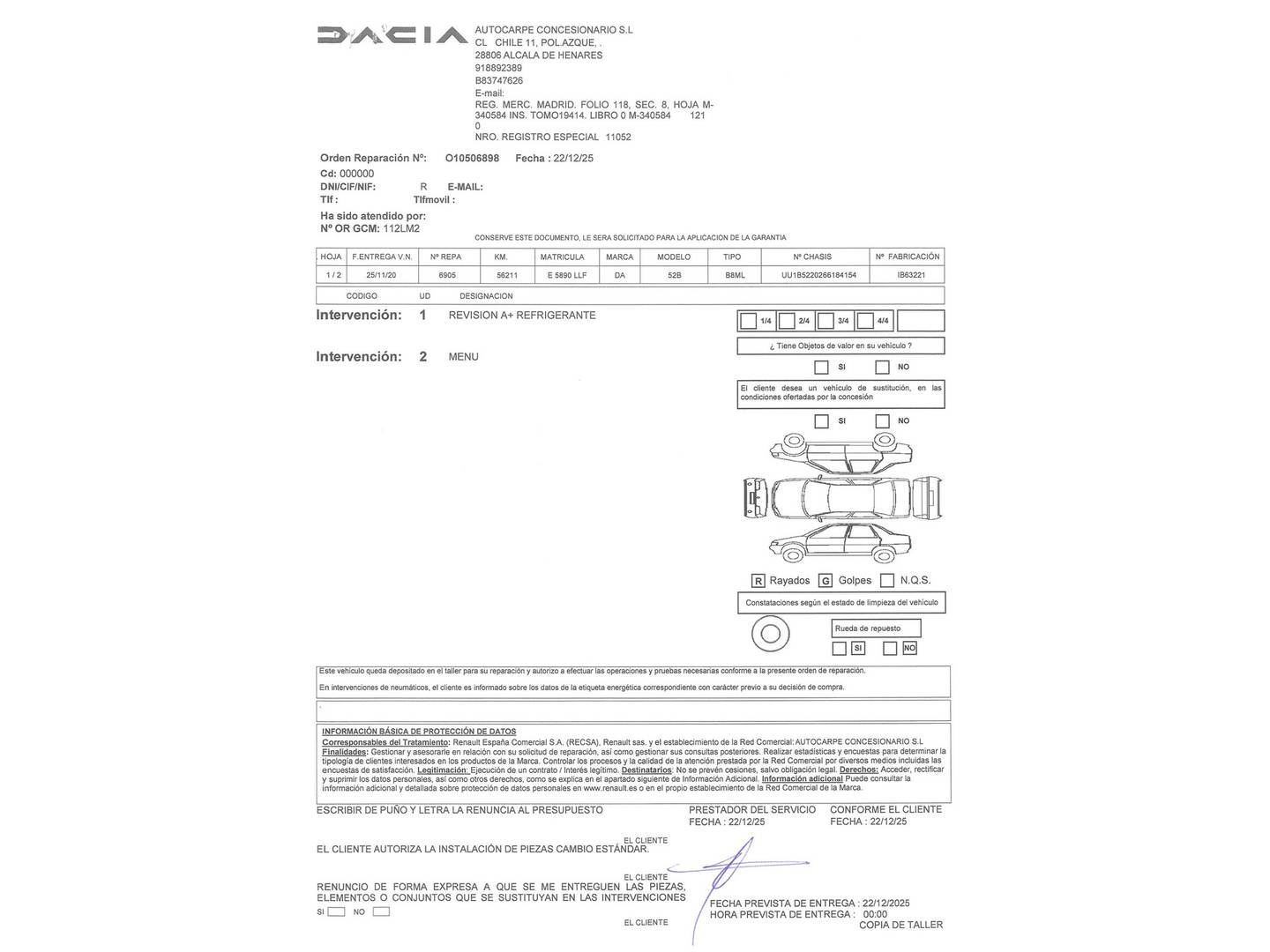 Foto del mantenimiento del Dacia Sandero Dacia Sandero Serie Limitada Aniversario TCE (100 CV) GLP