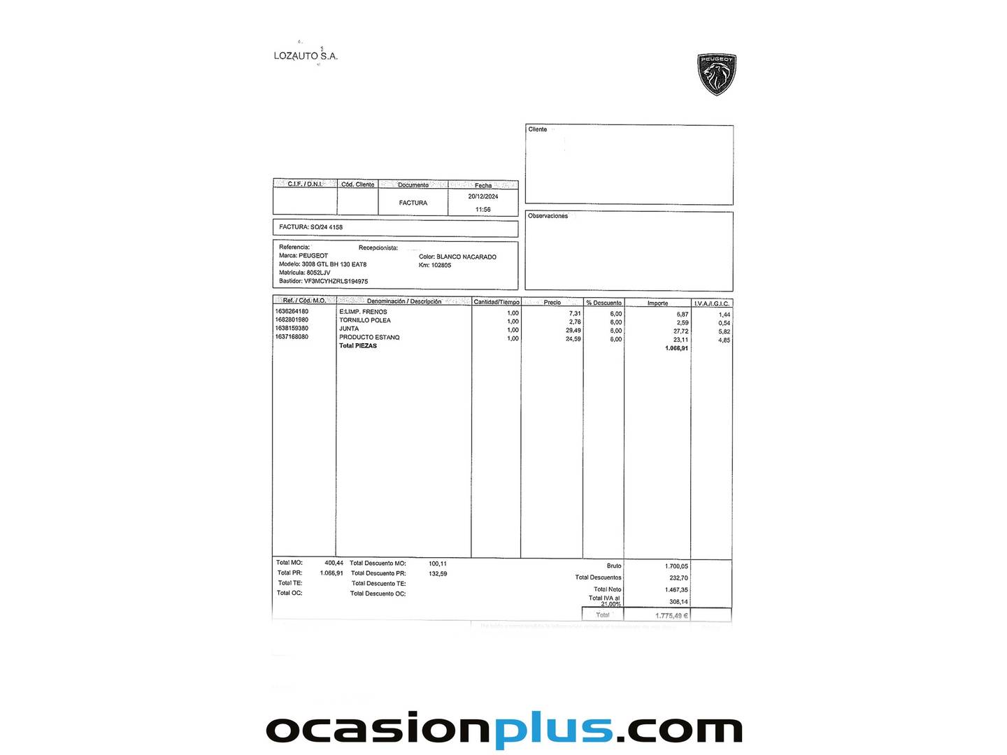 Foto del mantenimiento del Peugeot 3008 Peugeot 3008 BlueHDI 130 S&S GT Line EAT8 (130 CV)