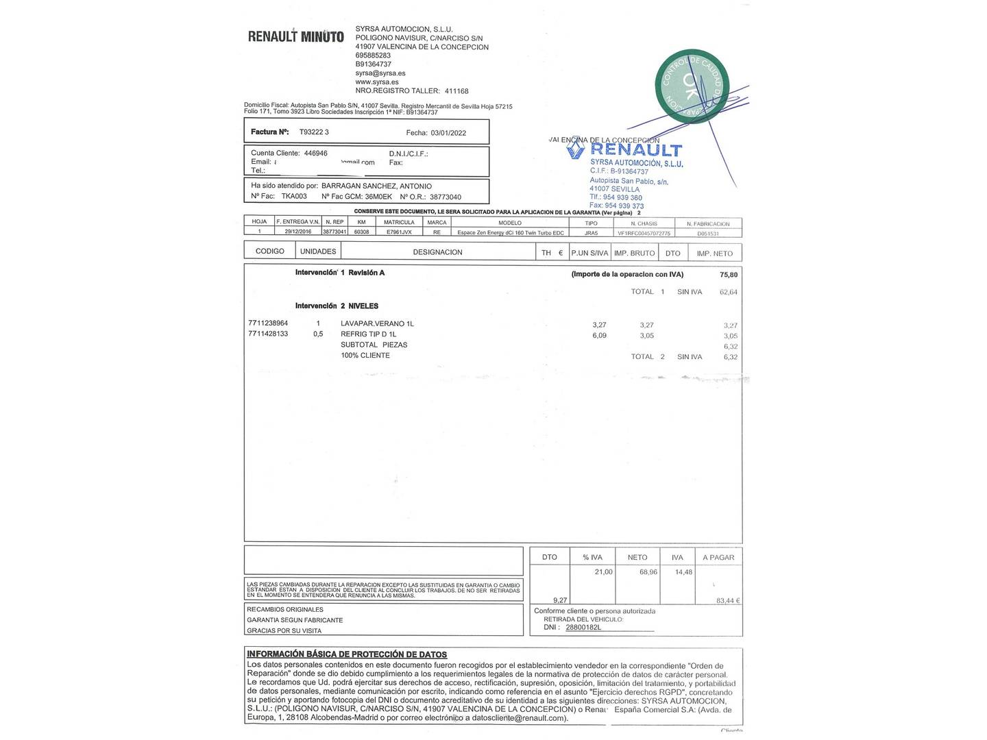 Foto del mantenimiento del Renault Espace Renault Espace Zen Energy TT dCi (160 CV) EDC 7 Plazas