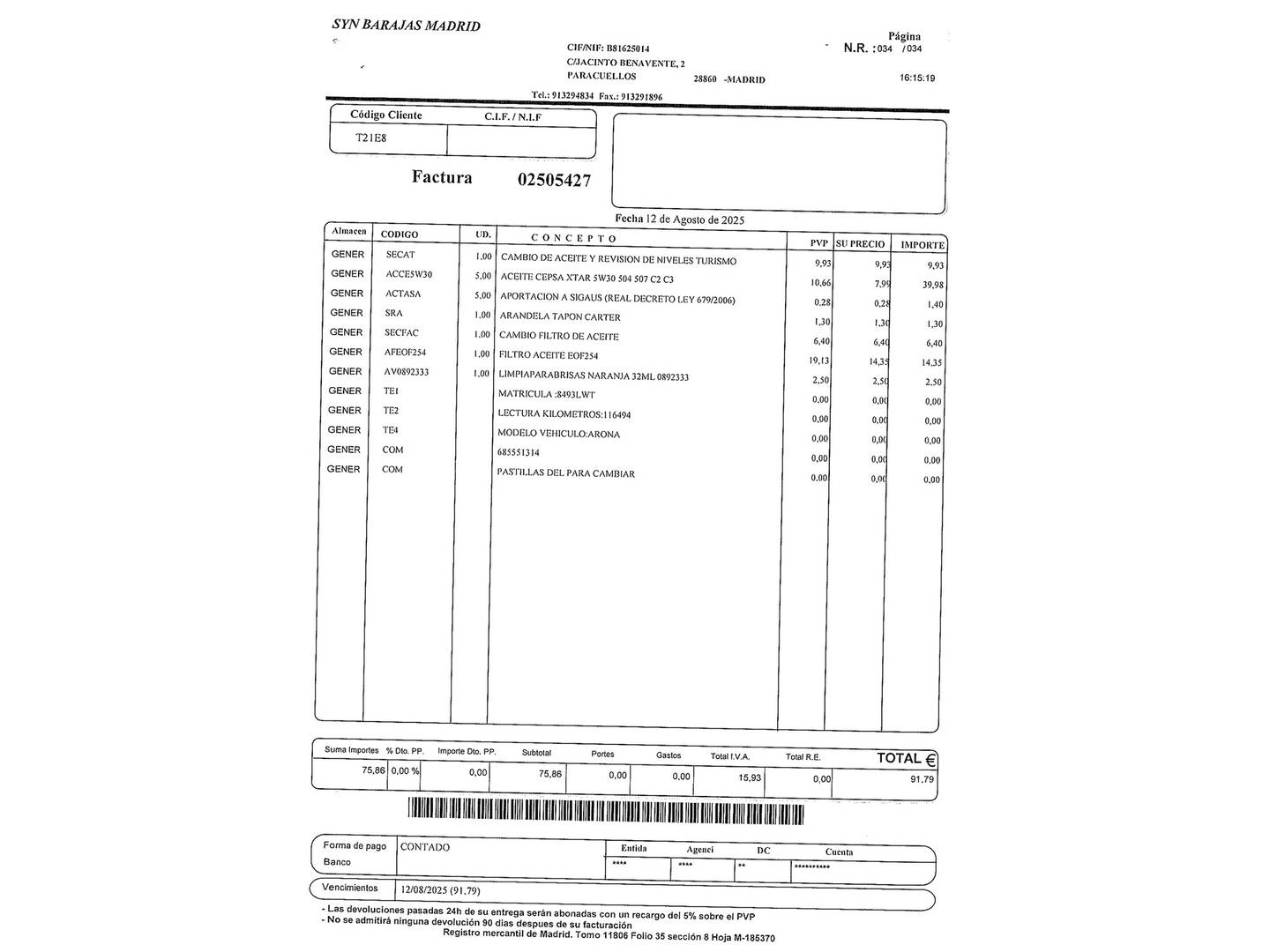 Foto del mantenimiento del Seat Arona SEAT Arona 1.0 TGI GNC FR (90 CV)