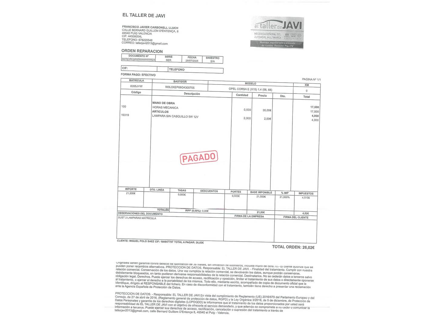 Foto del mantenimiento del Opel Corsa Opel Corsa 1.4 Expression (75 CV)