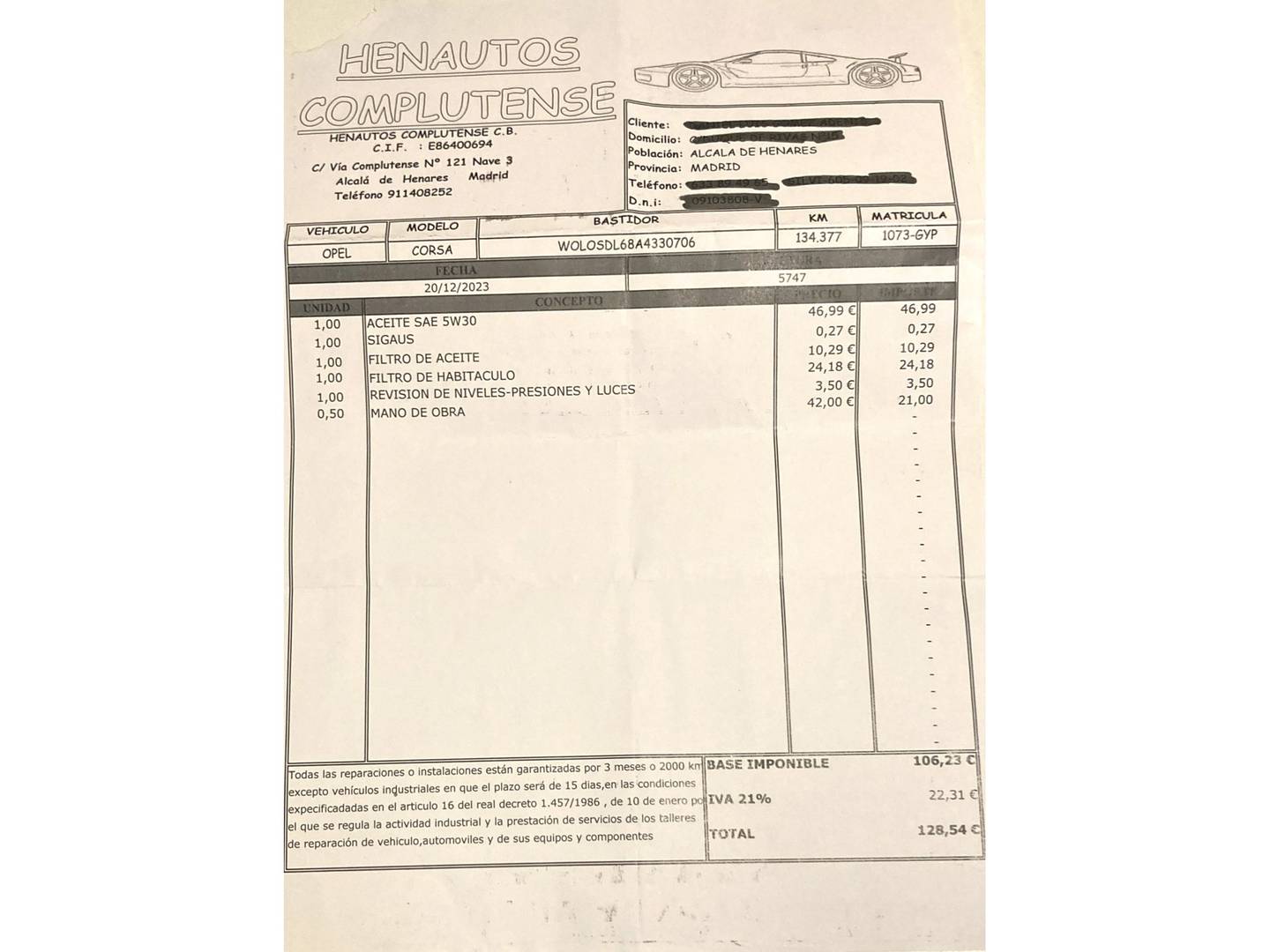 Foto del mantenimiento del Opel Corsa Opel Corsa 1.2 Essentia (85 CV)