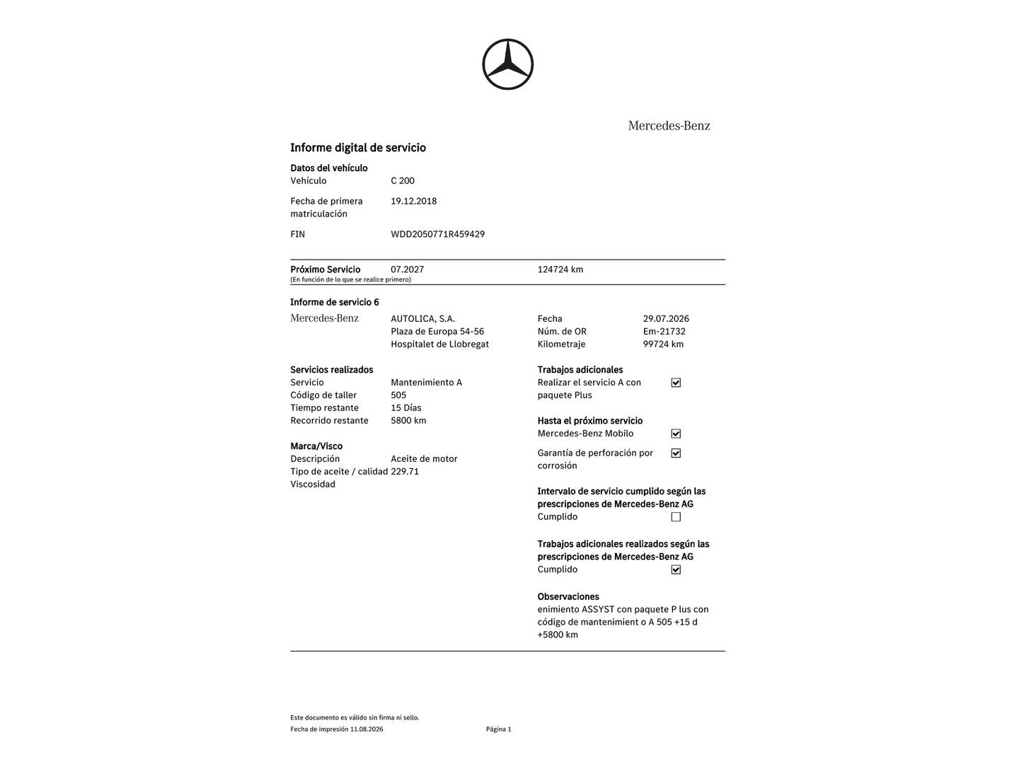 Foto del certificado del Mercedes Clase C Mercedes Clase C C 200  (184 CV)