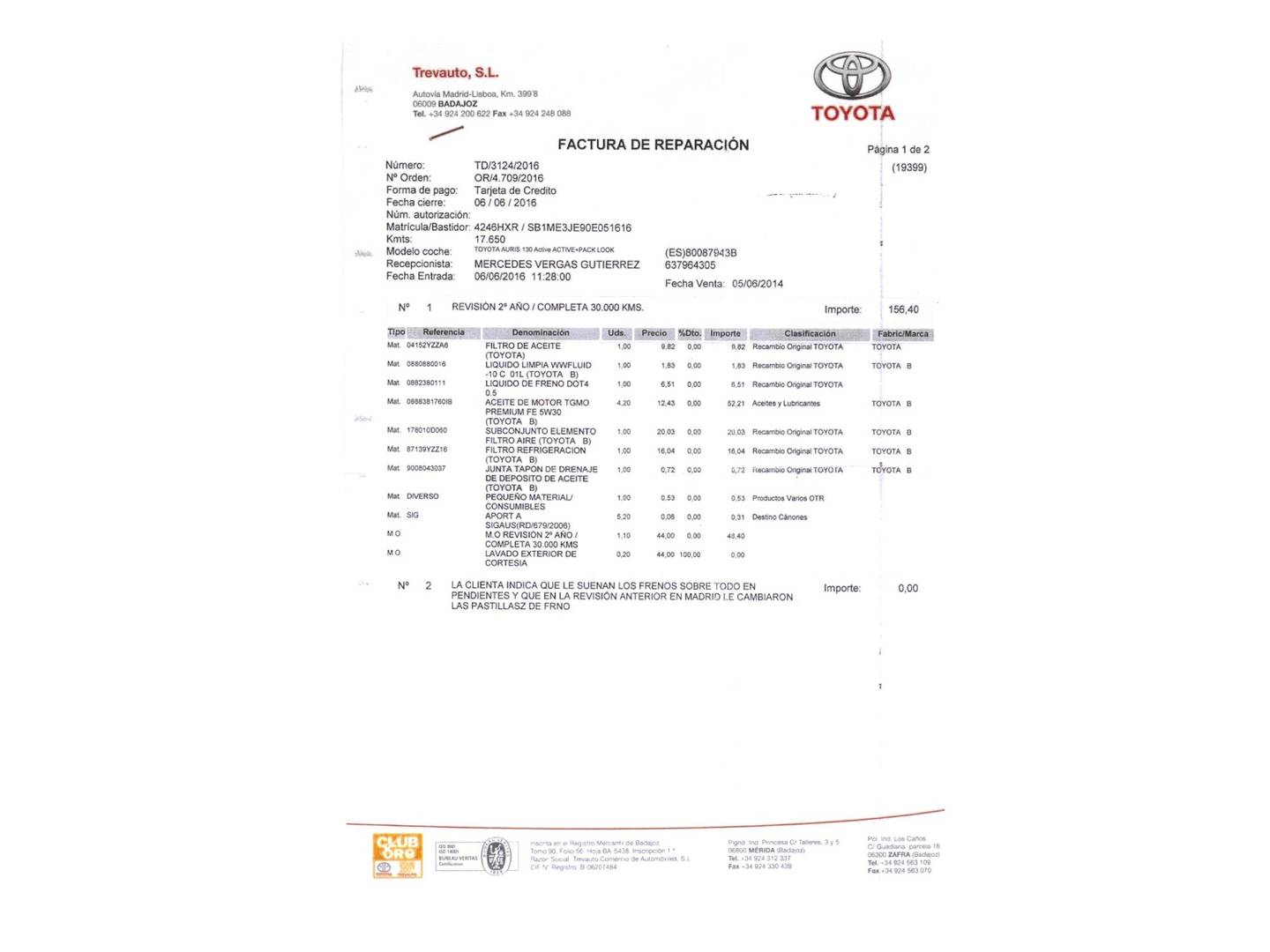 Foto del mantenimiento del Toyota Auris Toyota Auris 130 Active (132 CV)