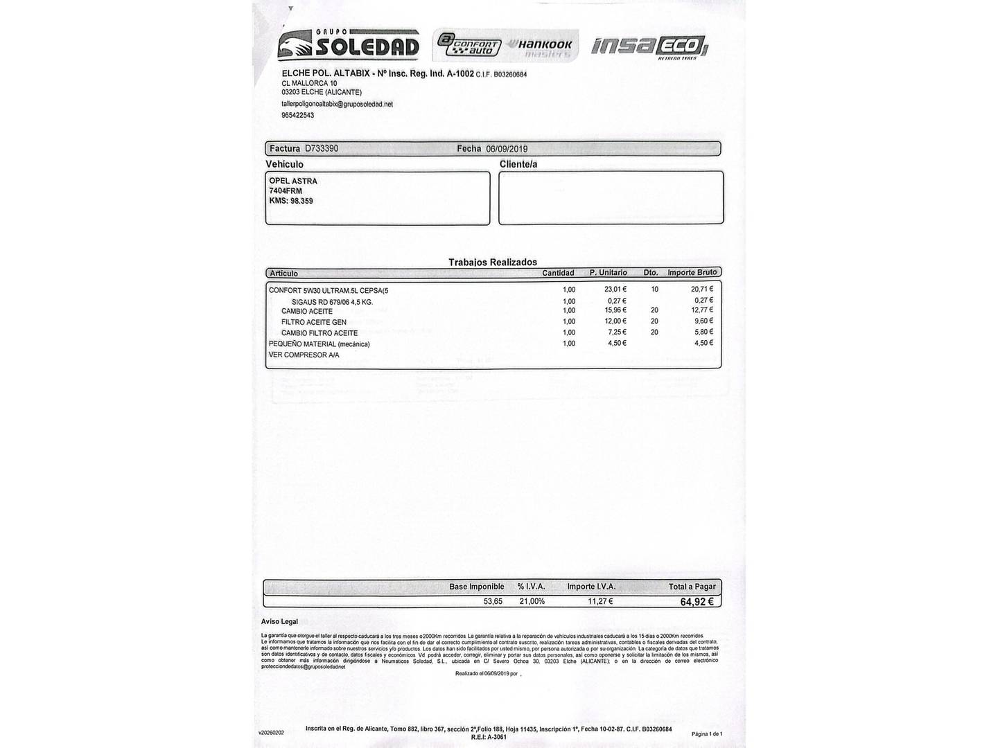 Foto del mantenimiento del Opel Astra Opel Astra 1.7 CDTI Enjoy (100 CV)