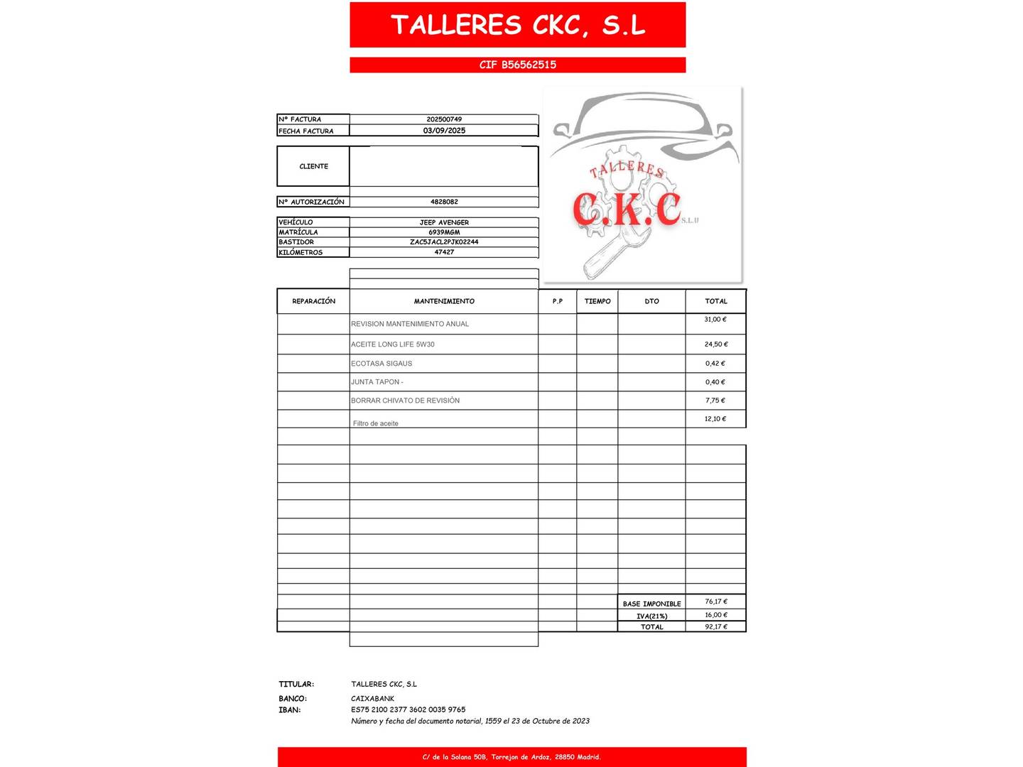 Foto del mantenimiento del Jeep Avenger Jeep Avenger 1.2 G Summit (100 CV)